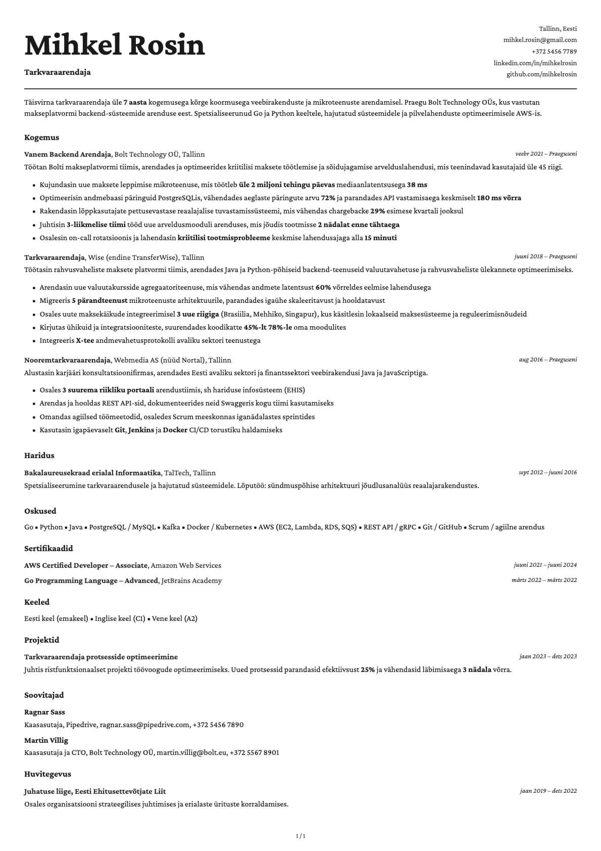 Tarkvaraarendaja resume example