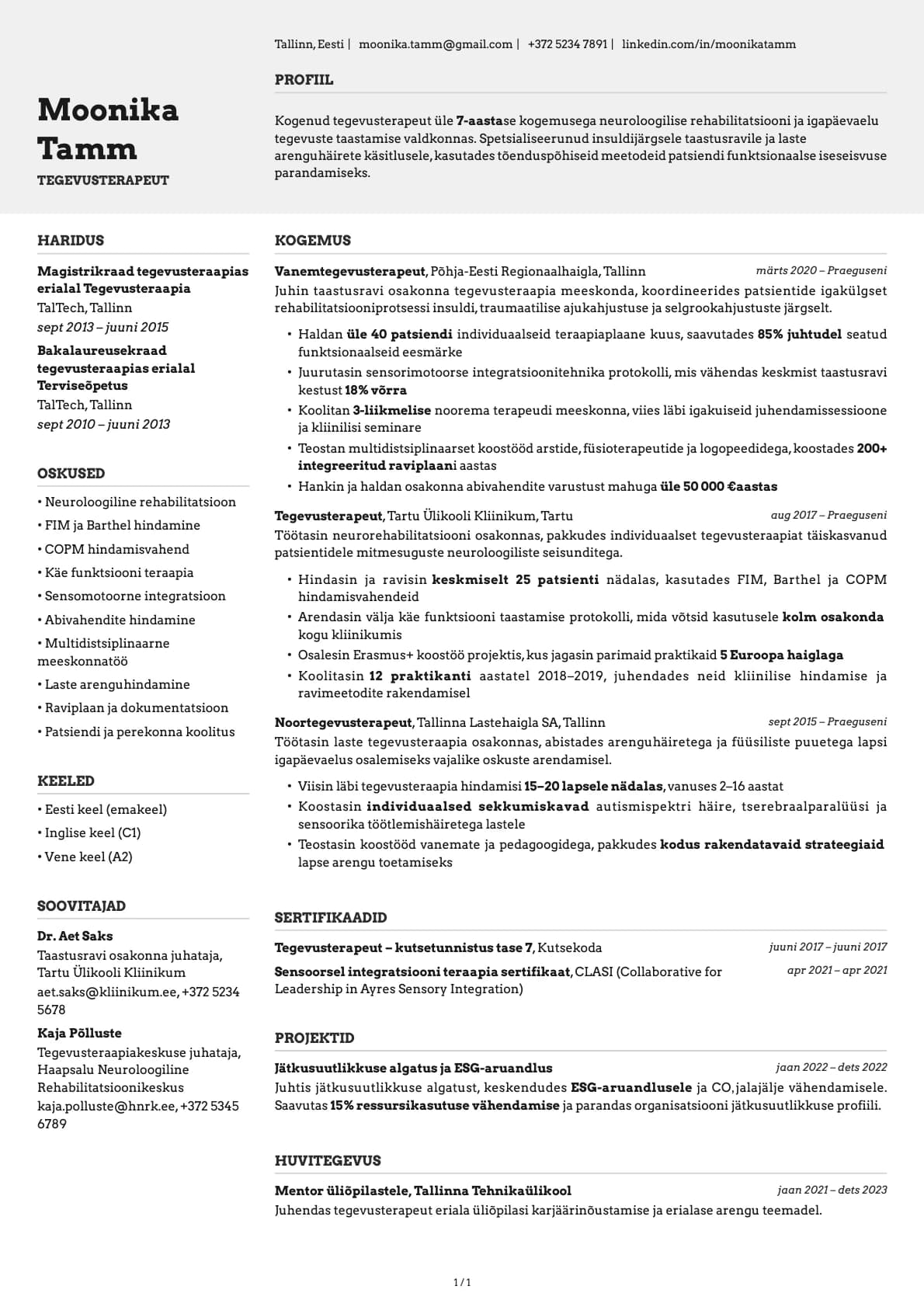 Tegevusterapeut resume example