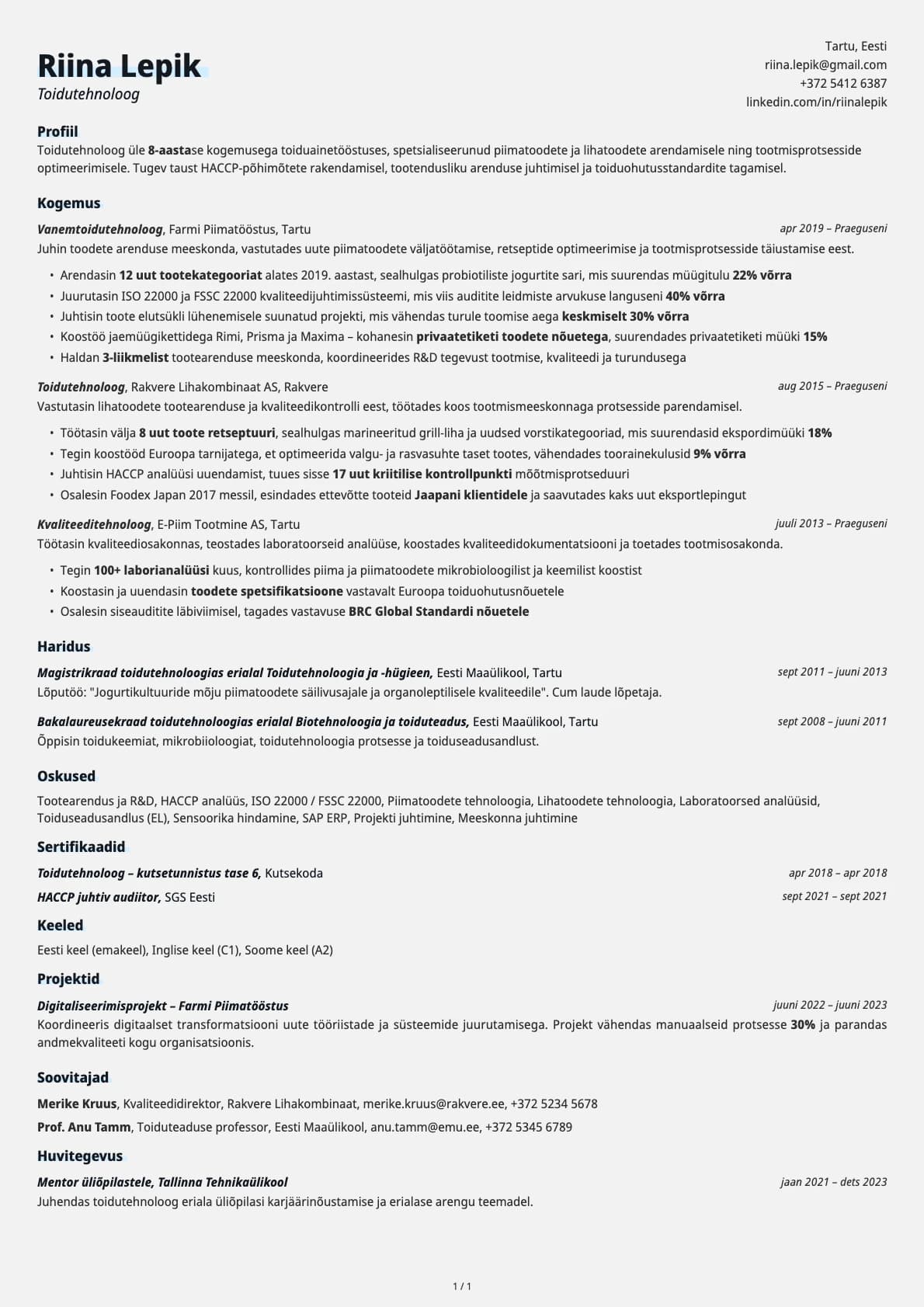 Toidutehnoloog resume example