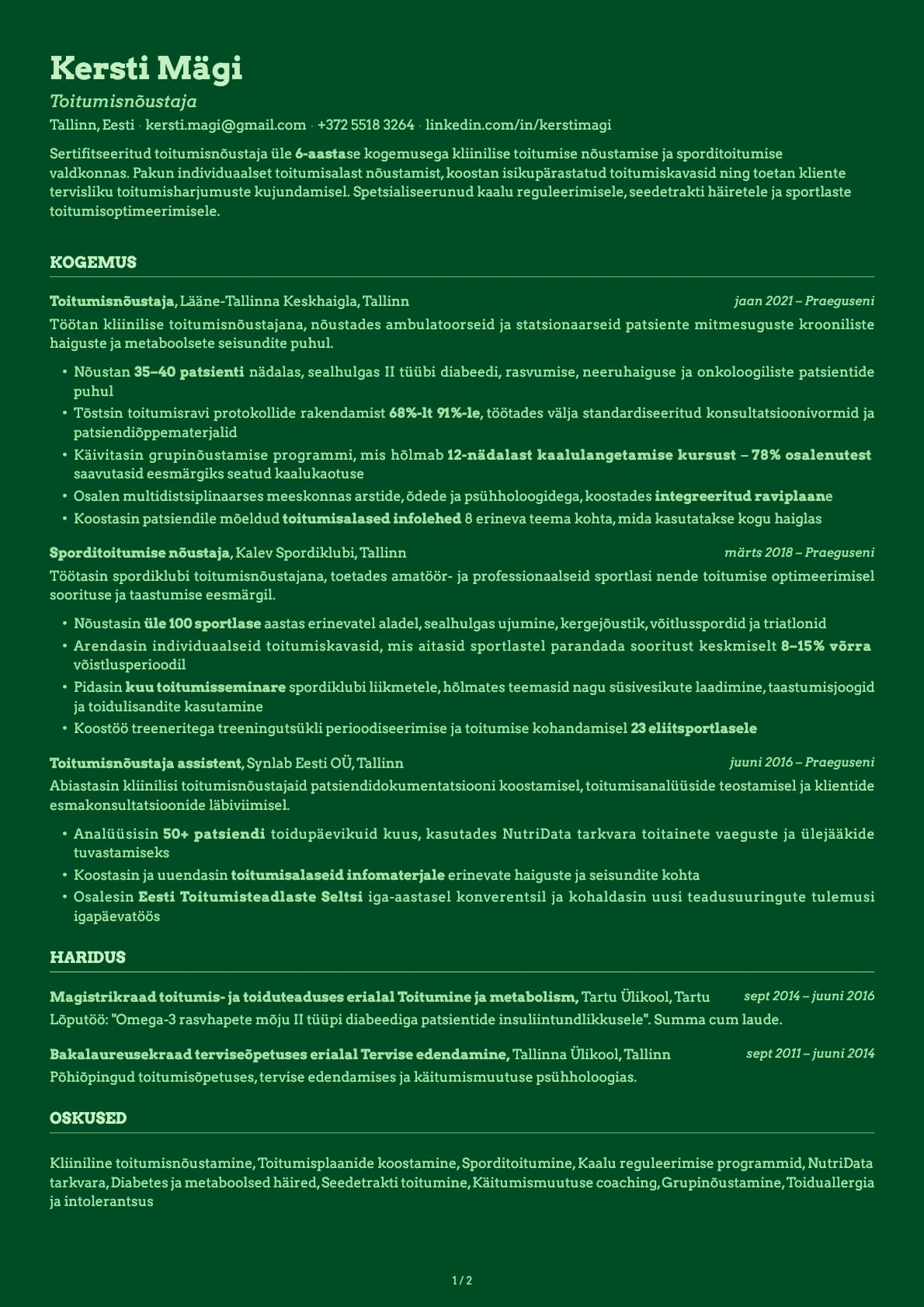 Toitumisnõustaja resume example