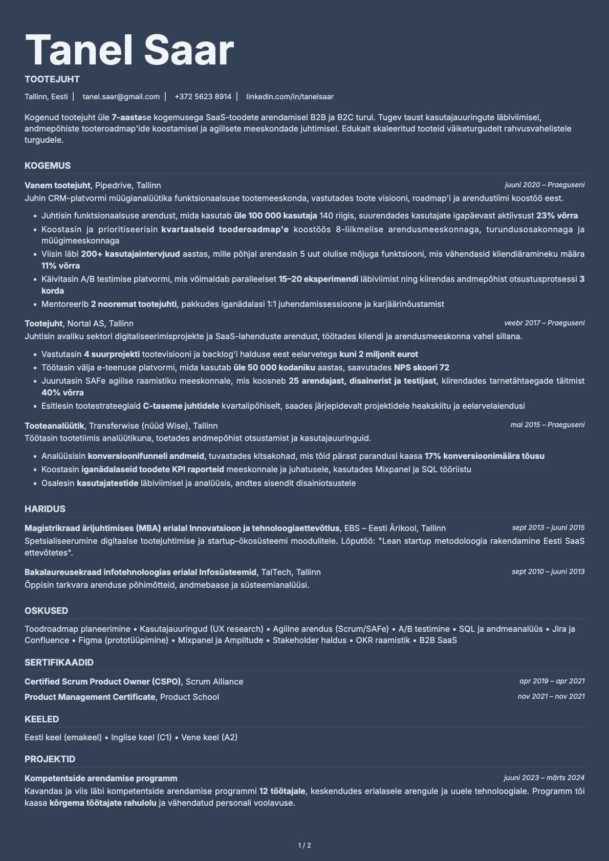 Tootejuht resume example