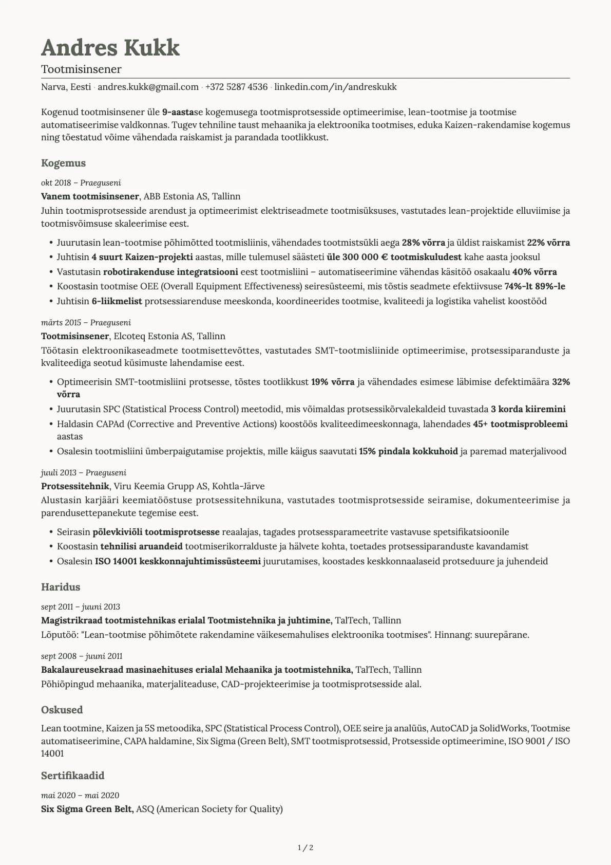 Tootmisinseneer resume example