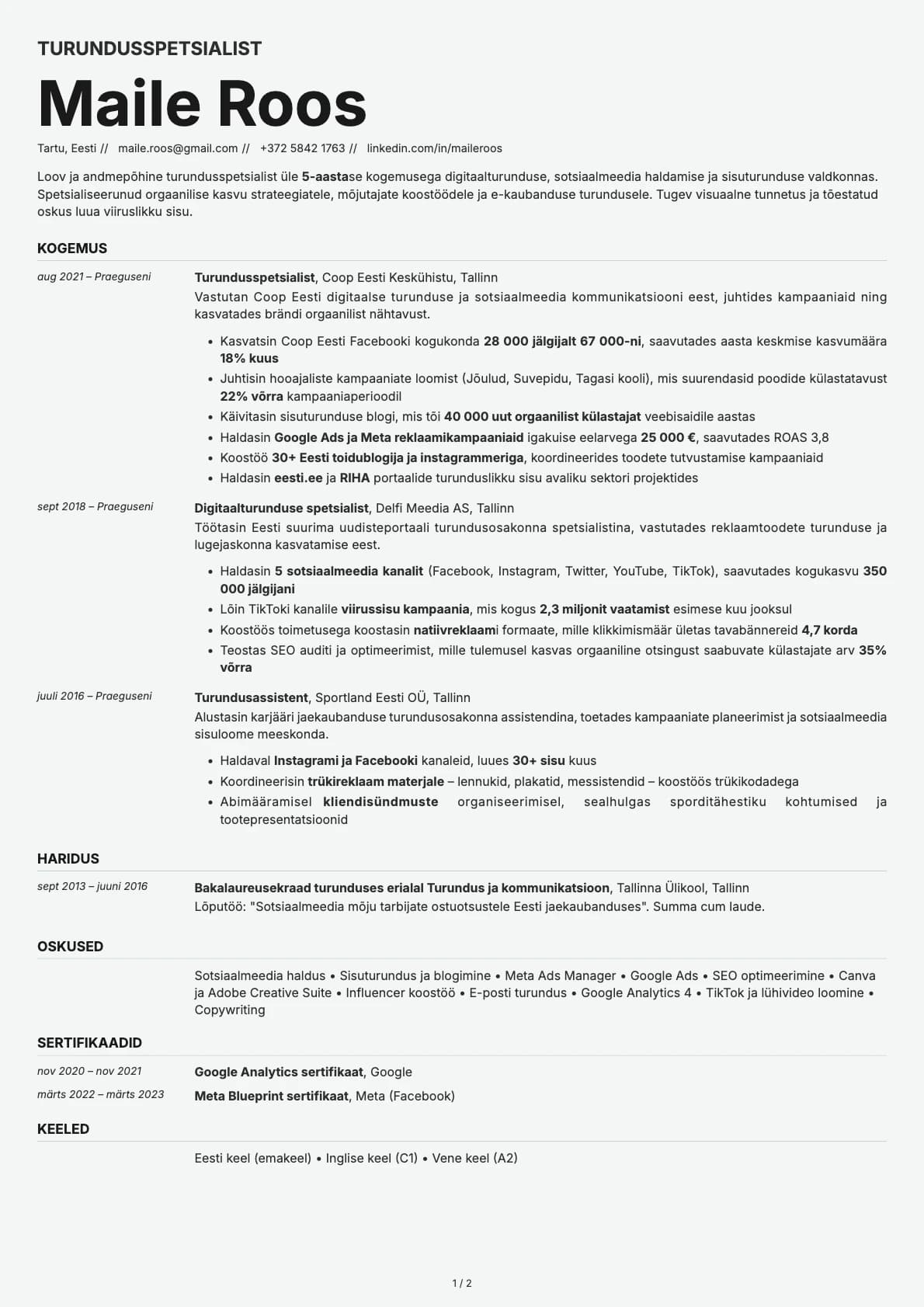 Turundusspetsialist resume example
