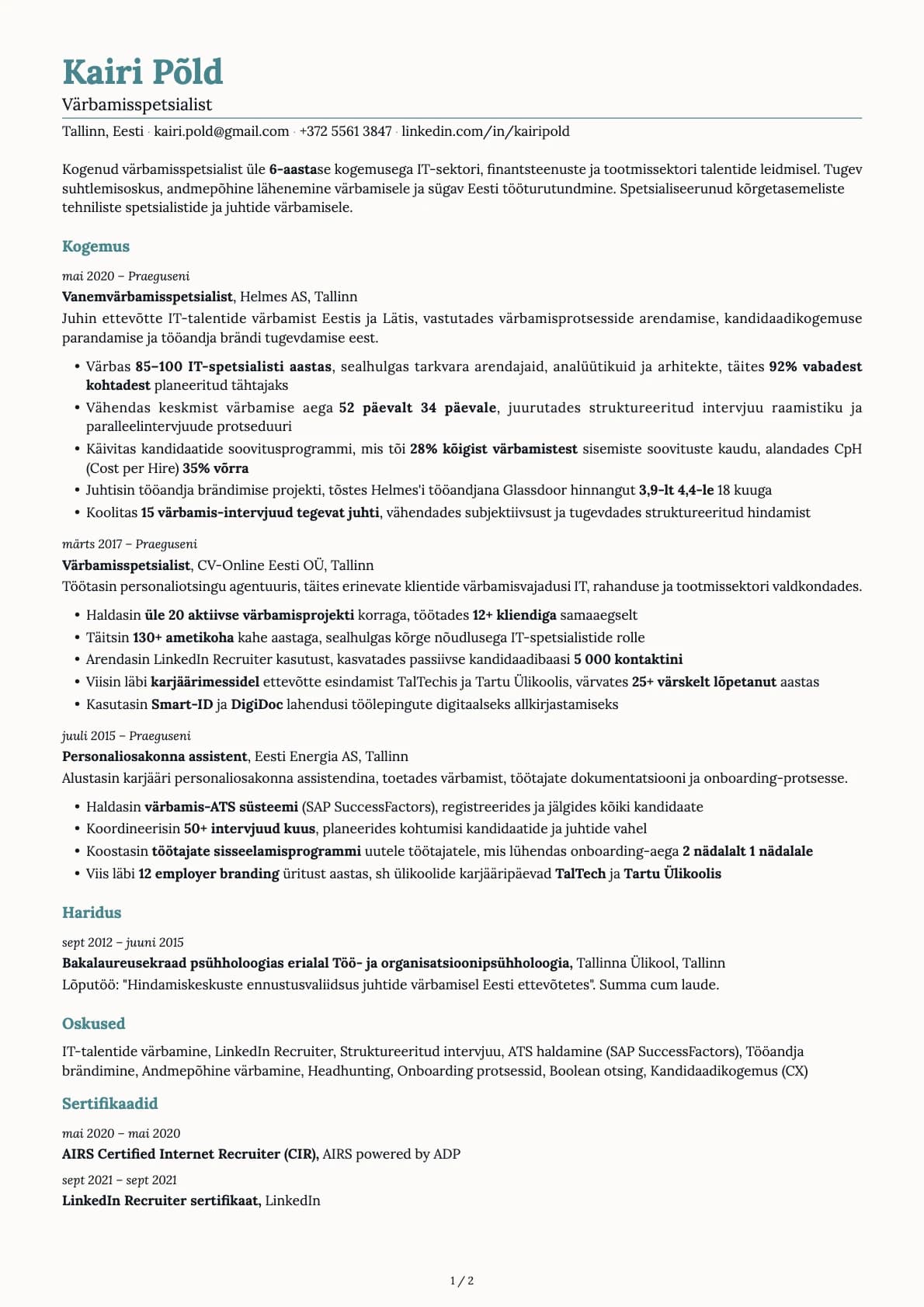 Värbamisspetsialist resume example