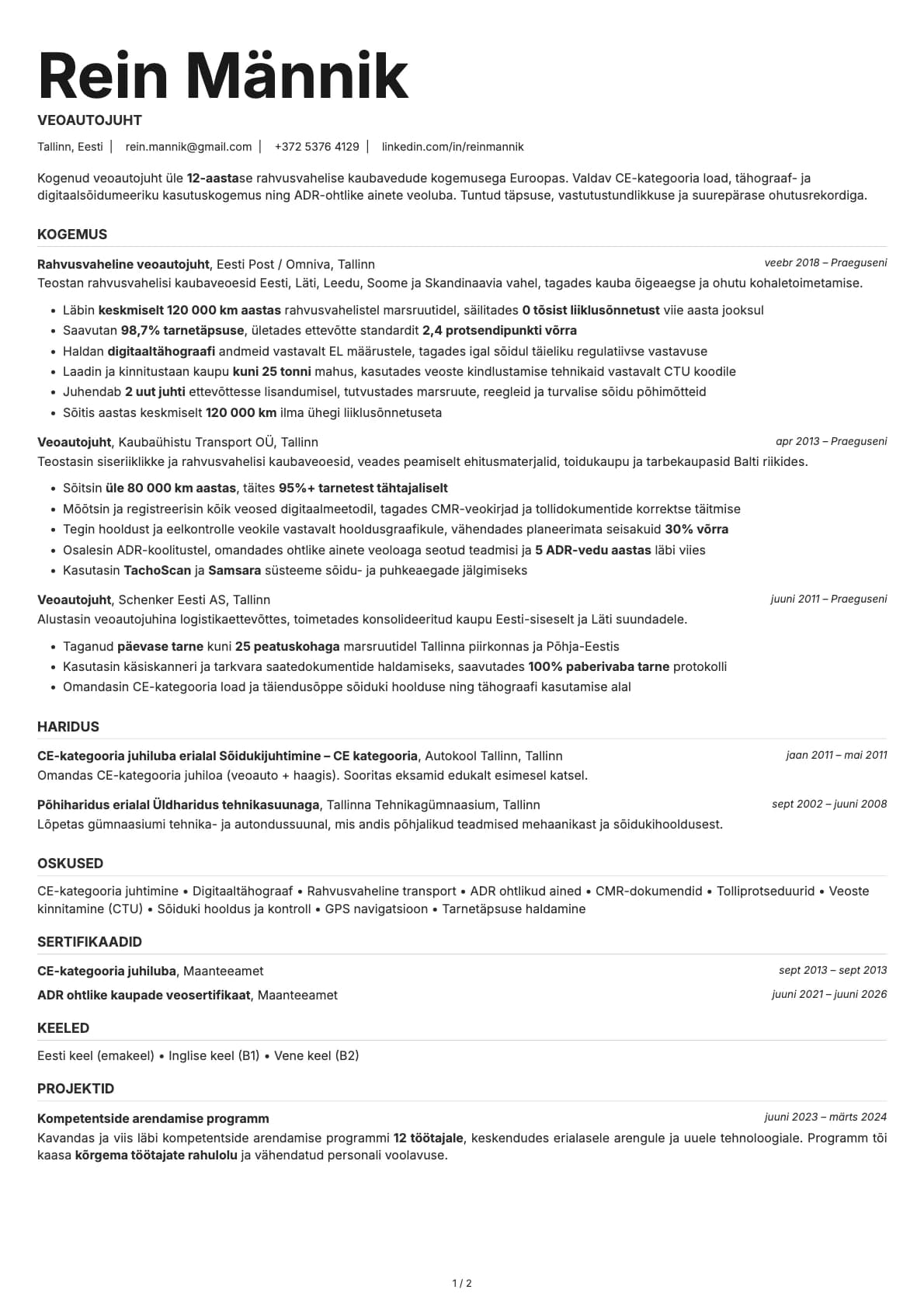 Veoautojuht resume example