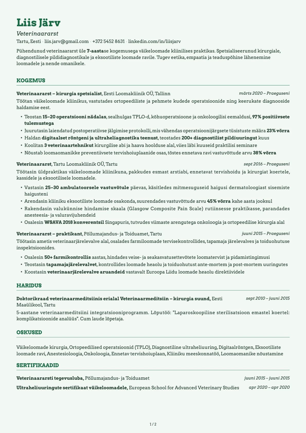 Veterinaararst resume example