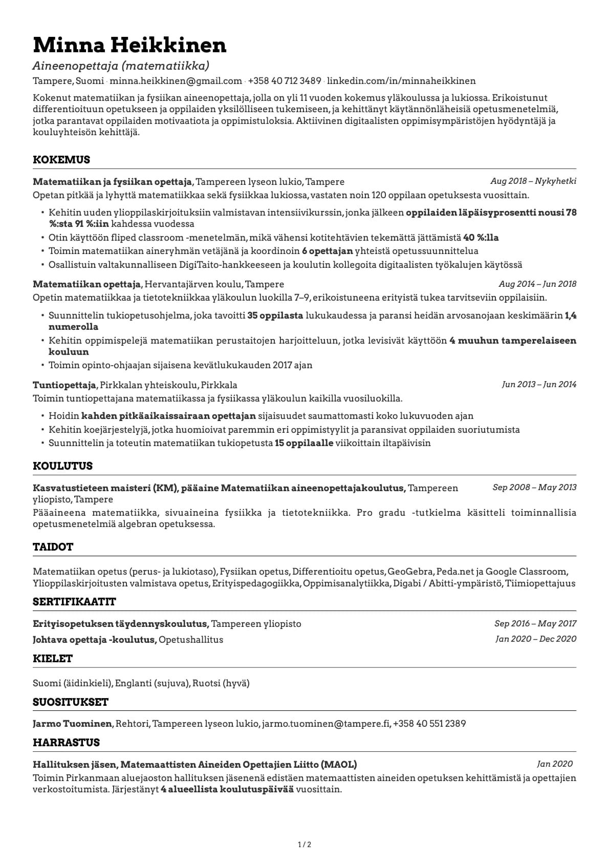 Aineenopettaja (matematiikka) resume example