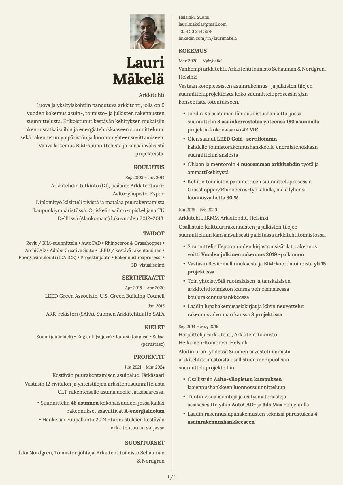 Arkkitehti resume example