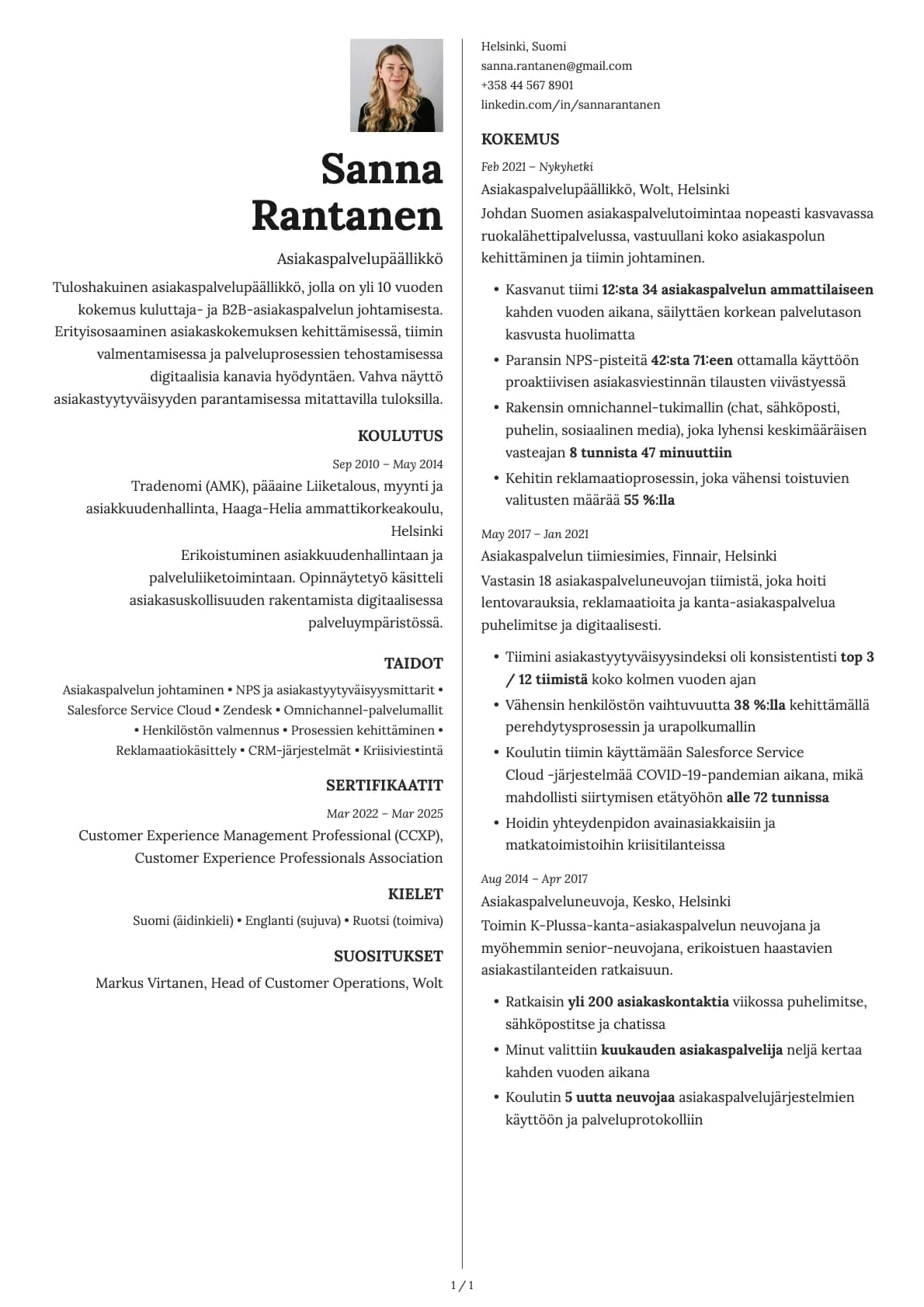 Asiakaspalvelupäällikkö resume example