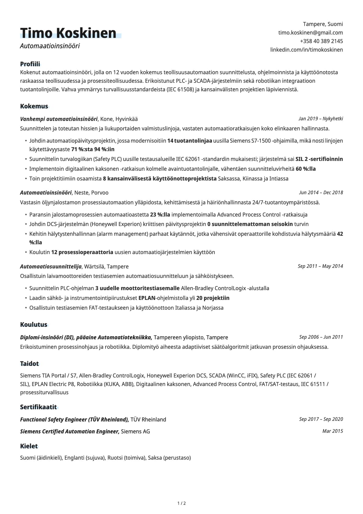 Automaatioinsinööri resume example