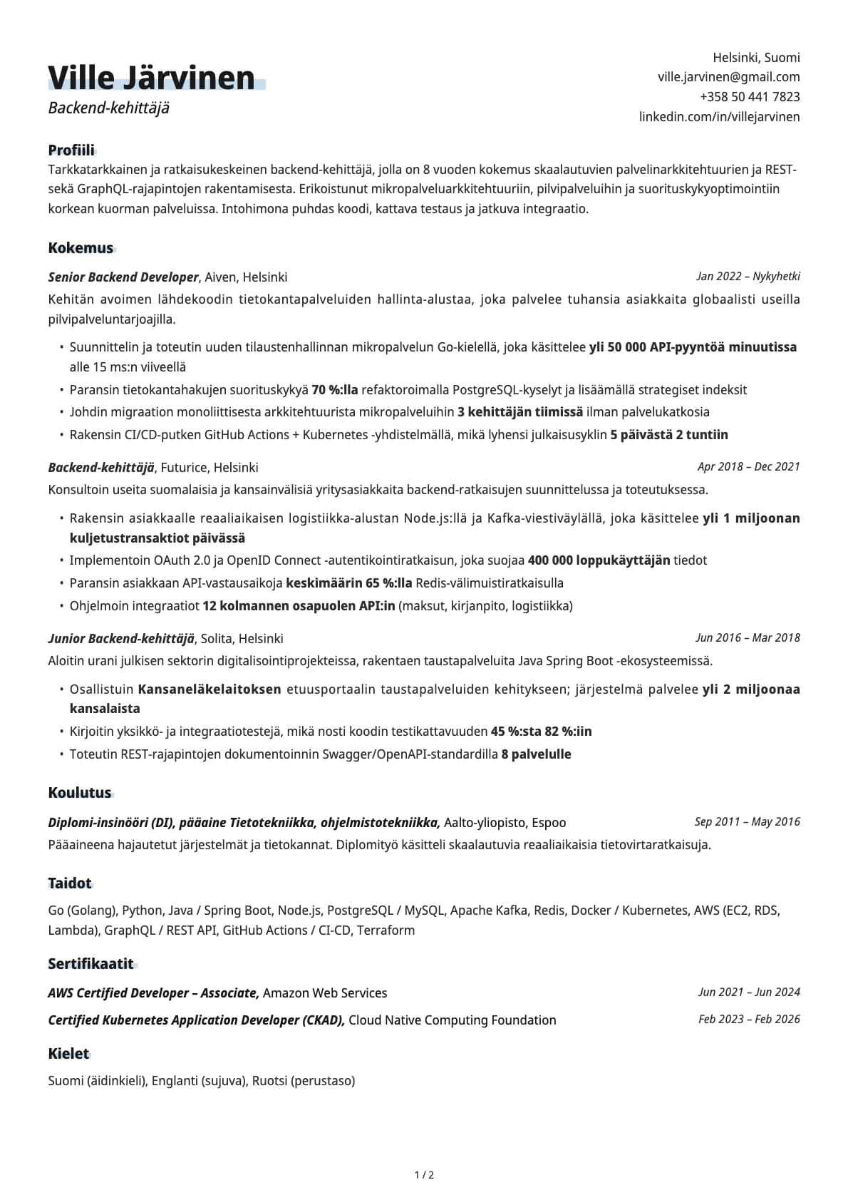 Backend-kehittäjä resume example