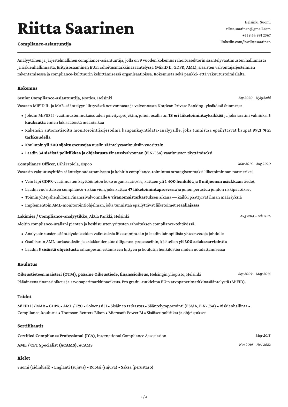 Compliance-asiantuntija resume example