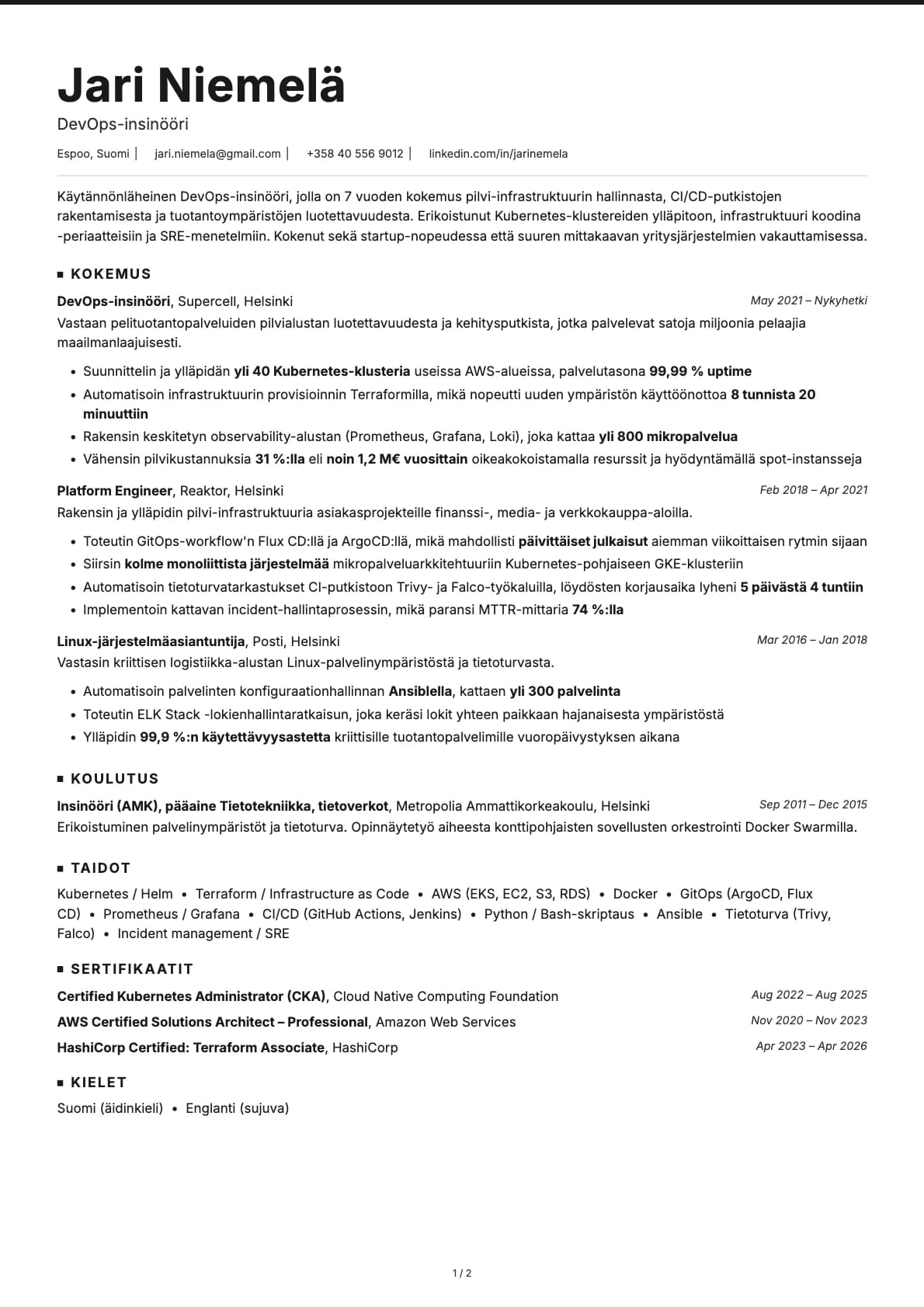 DevOps-insinööri resume example
