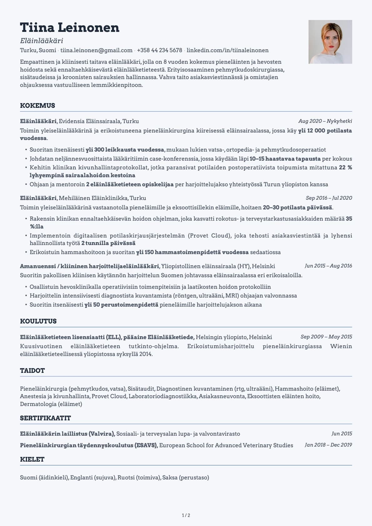 Eläinlääkäri resume example