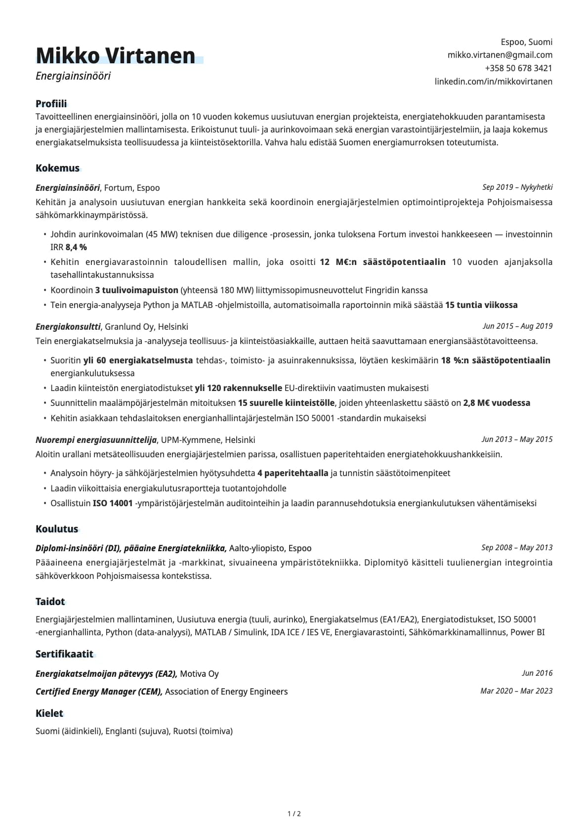 Energiainsinööri resume example
