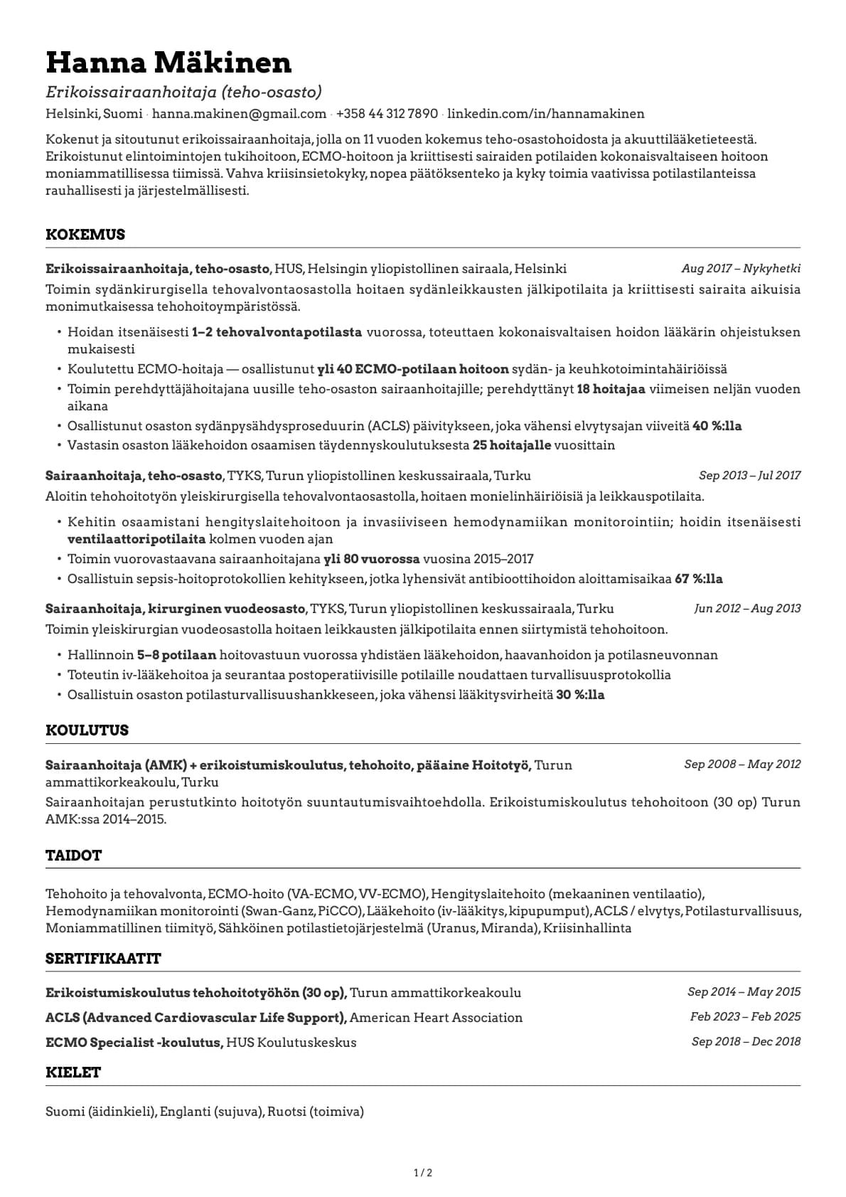 Erikoissairaanhoitaja / Tehosairaanhoitaja resume example
