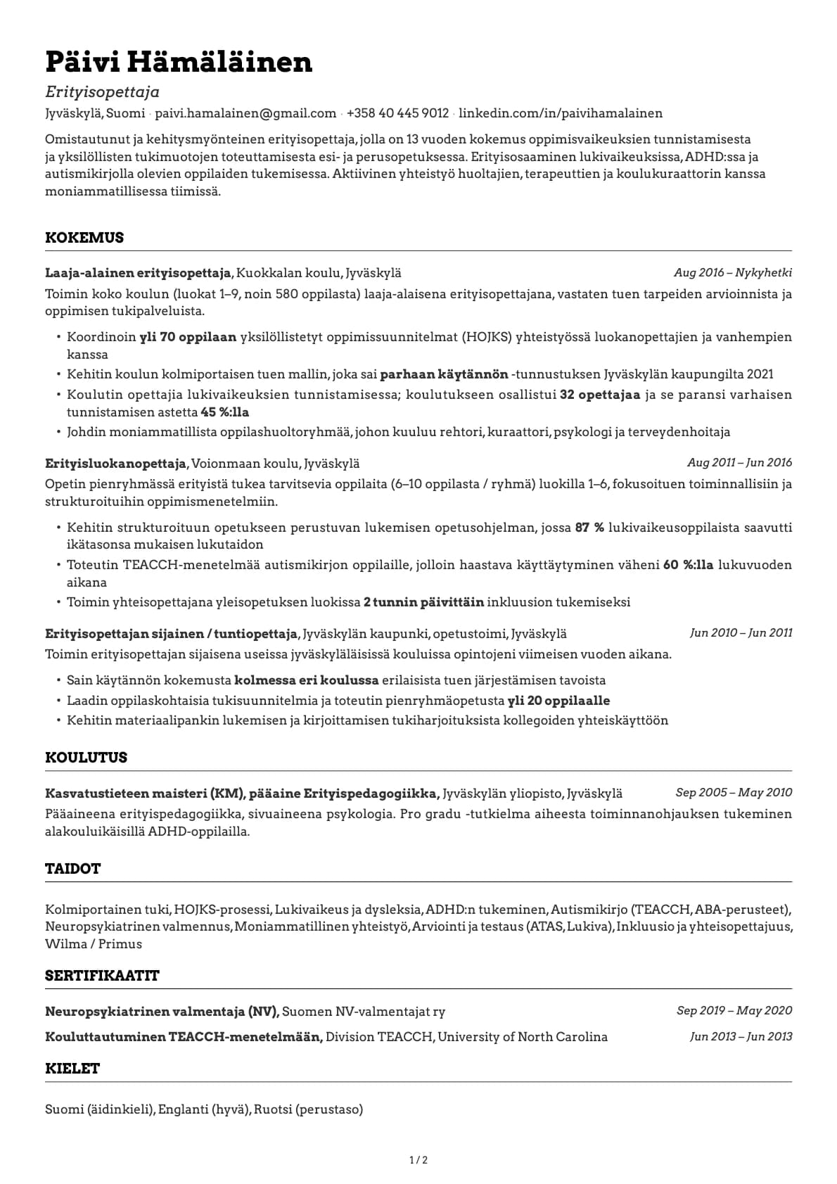 Erityisopettaja resume example