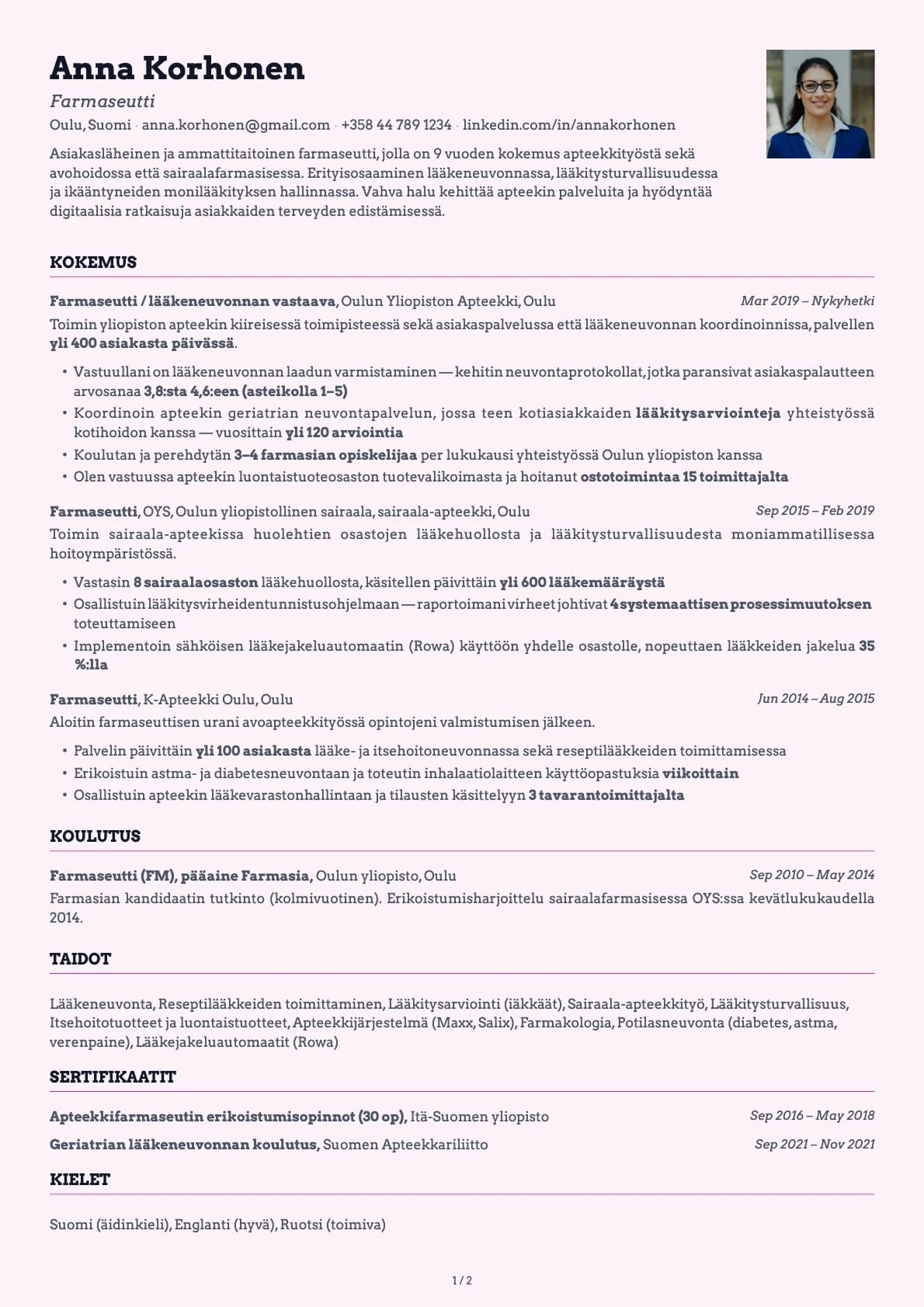 Farmaseutti resume example