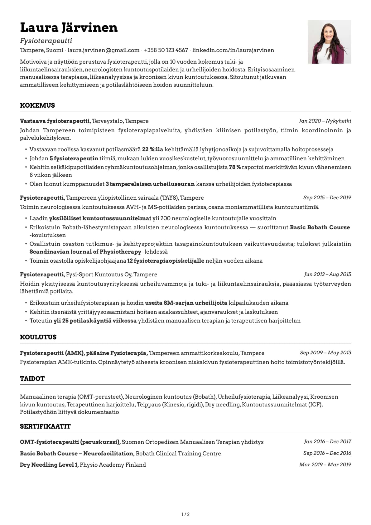 Fysioterapeutti resume example