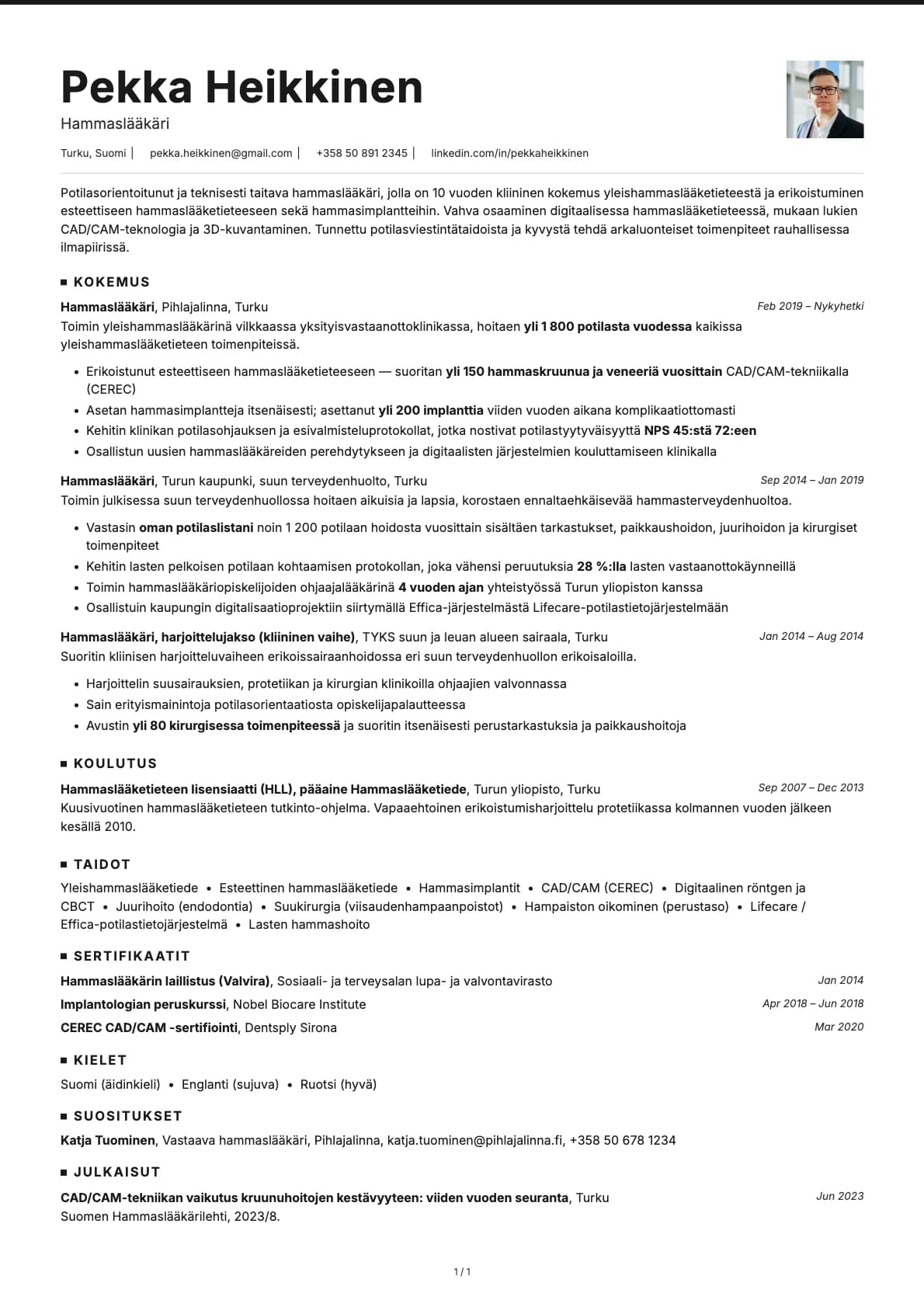 Hammaslääkäri resume example