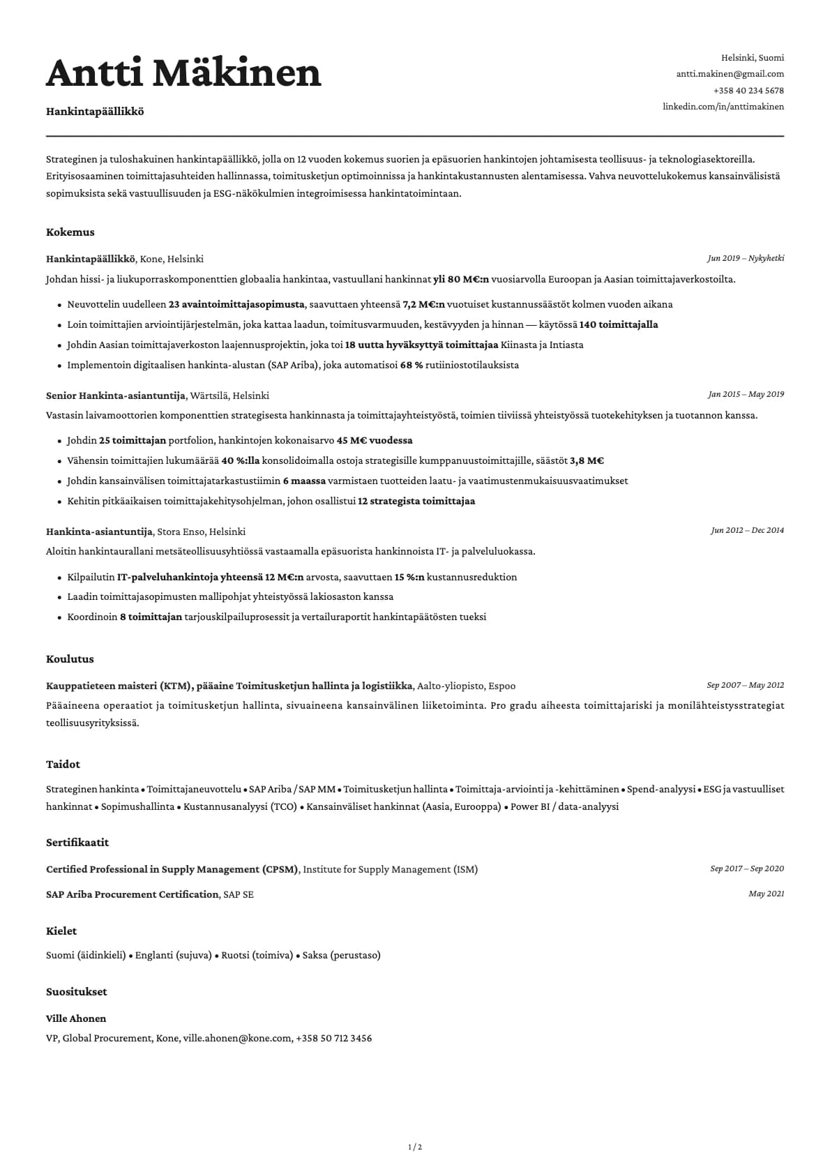 Hankintapäällikkö resume example