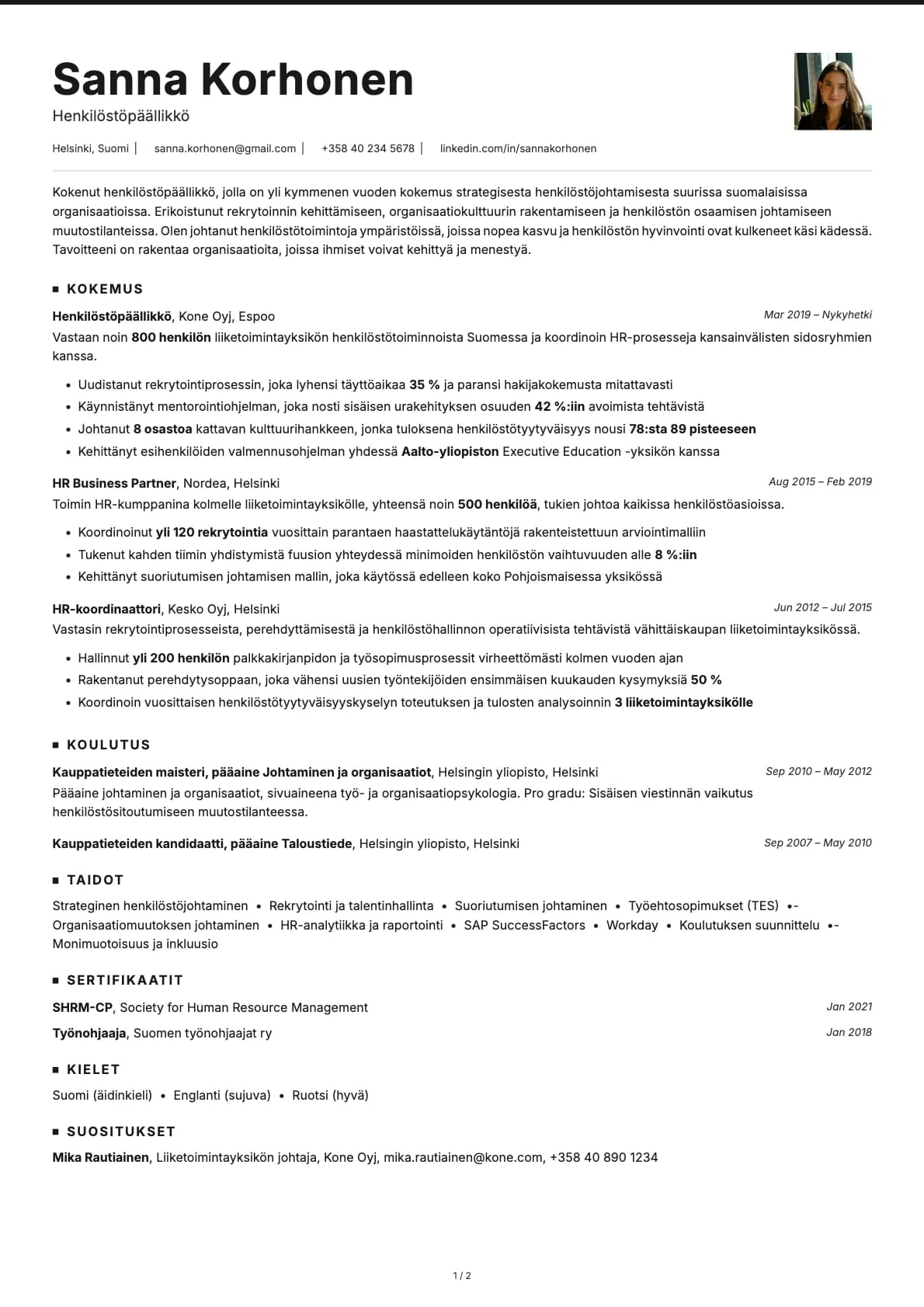 Henkilöstöpäällikkö resume example