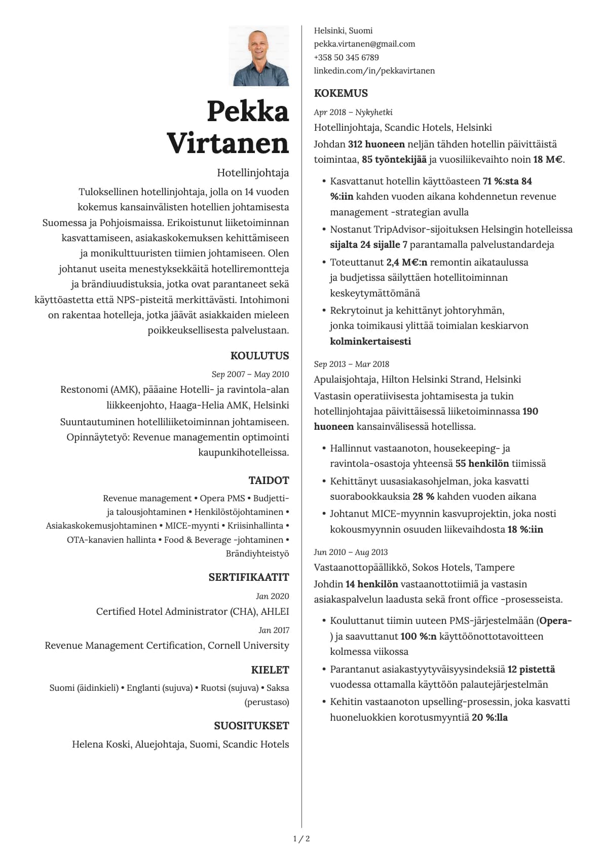 Hotellinjohtaja resume example