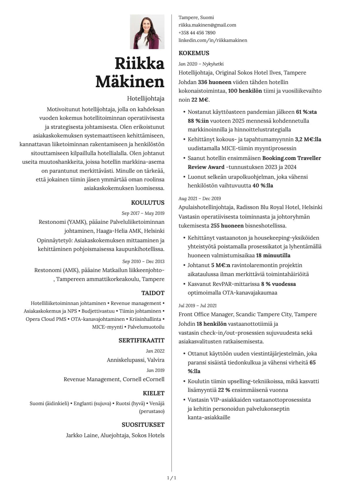 Hotellijohtaja resume example