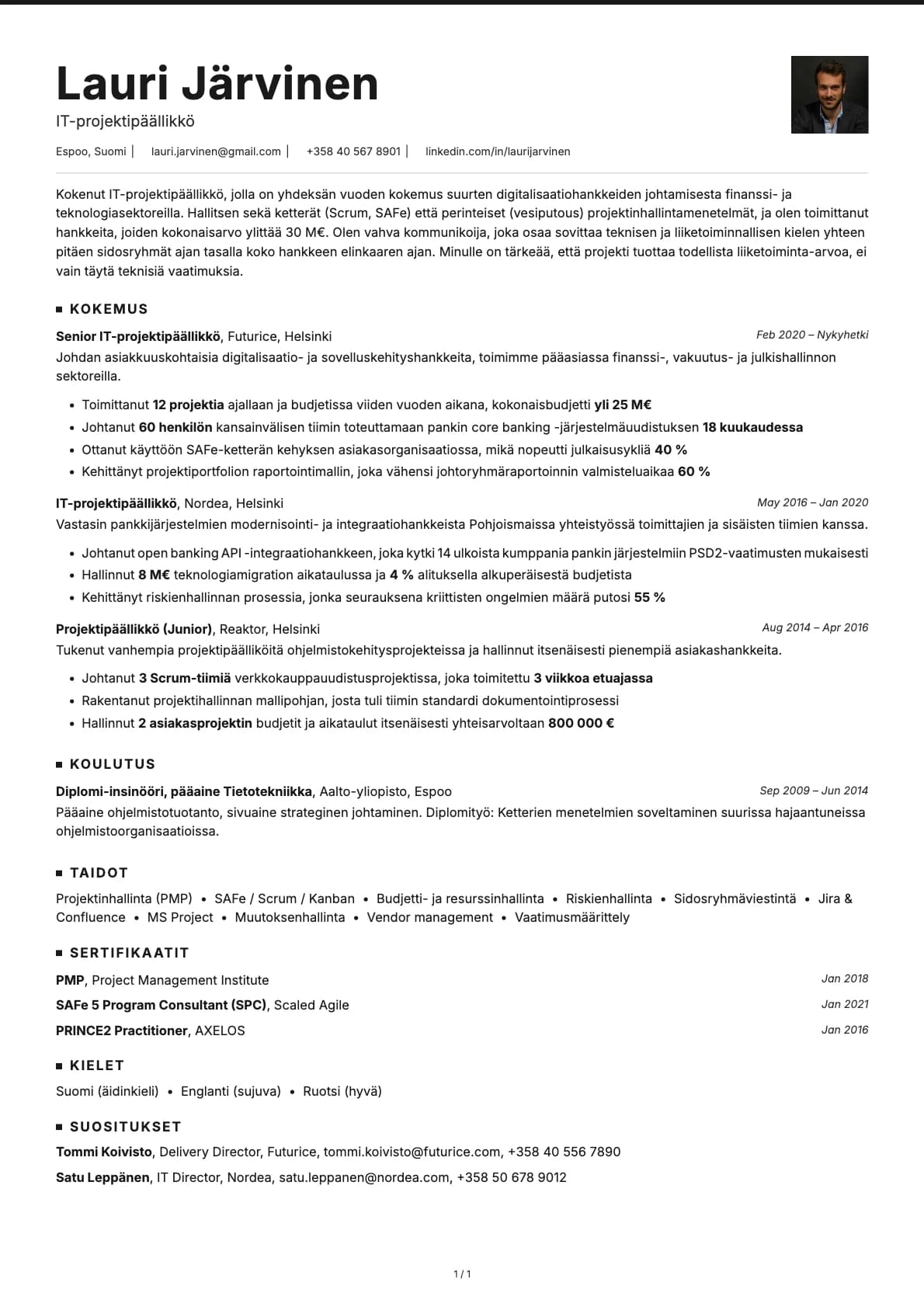 IT-projektipäällikkö resume example