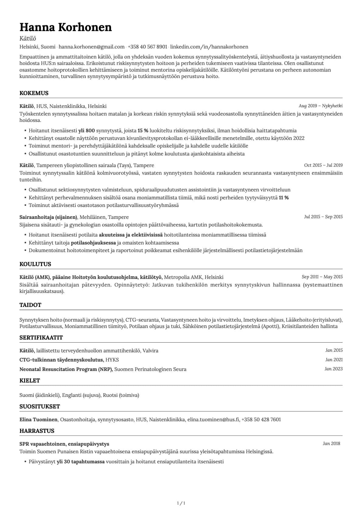 Kätilö resume example