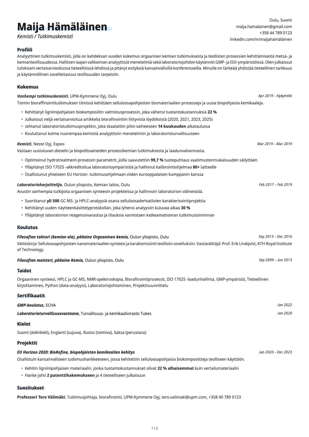 Kemisti resume example