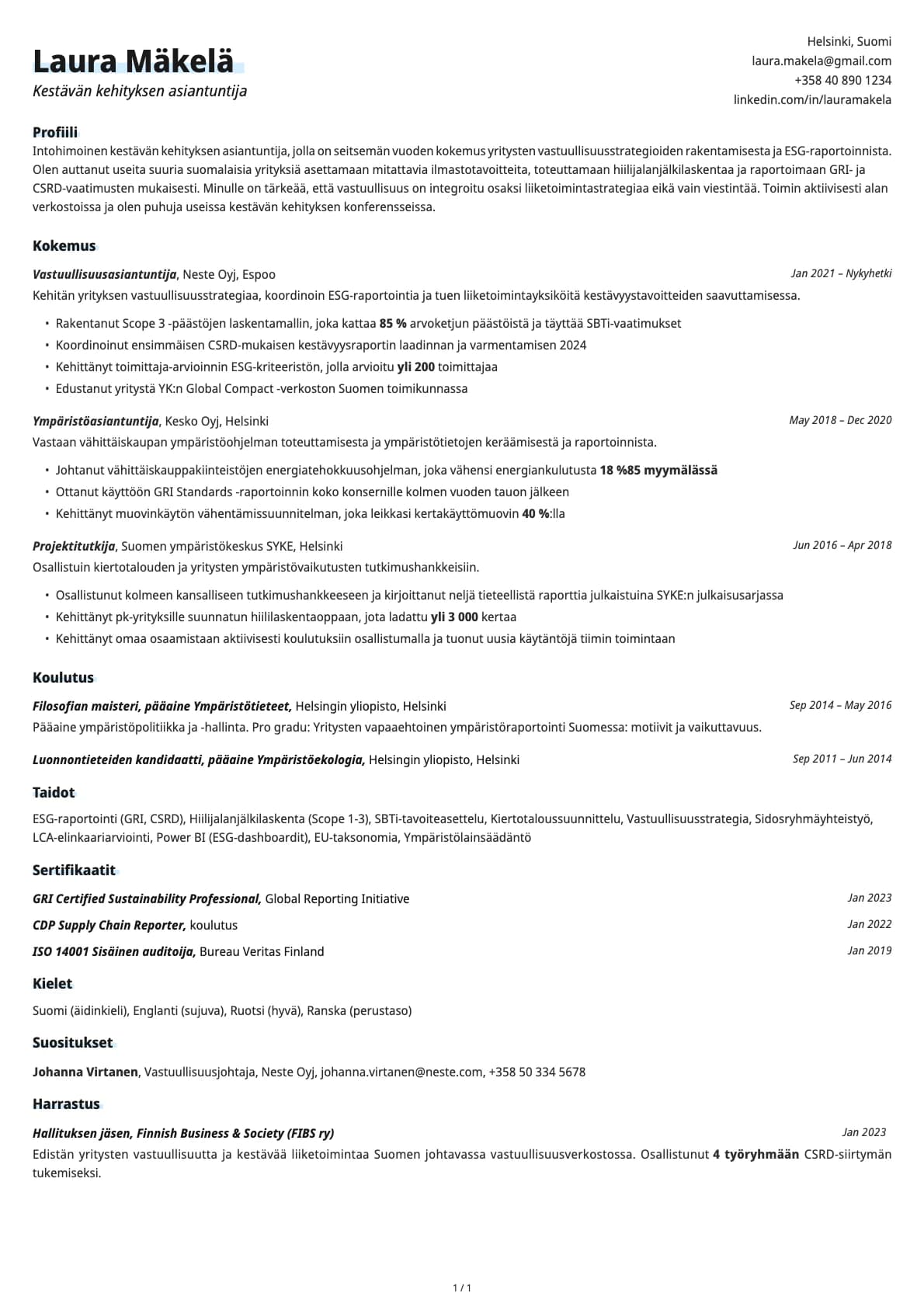 Kestävän kehityksen asiantuntija resume example