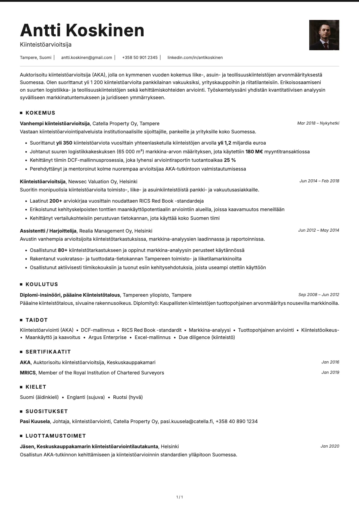 Kiinteistöarvioitsija resume example