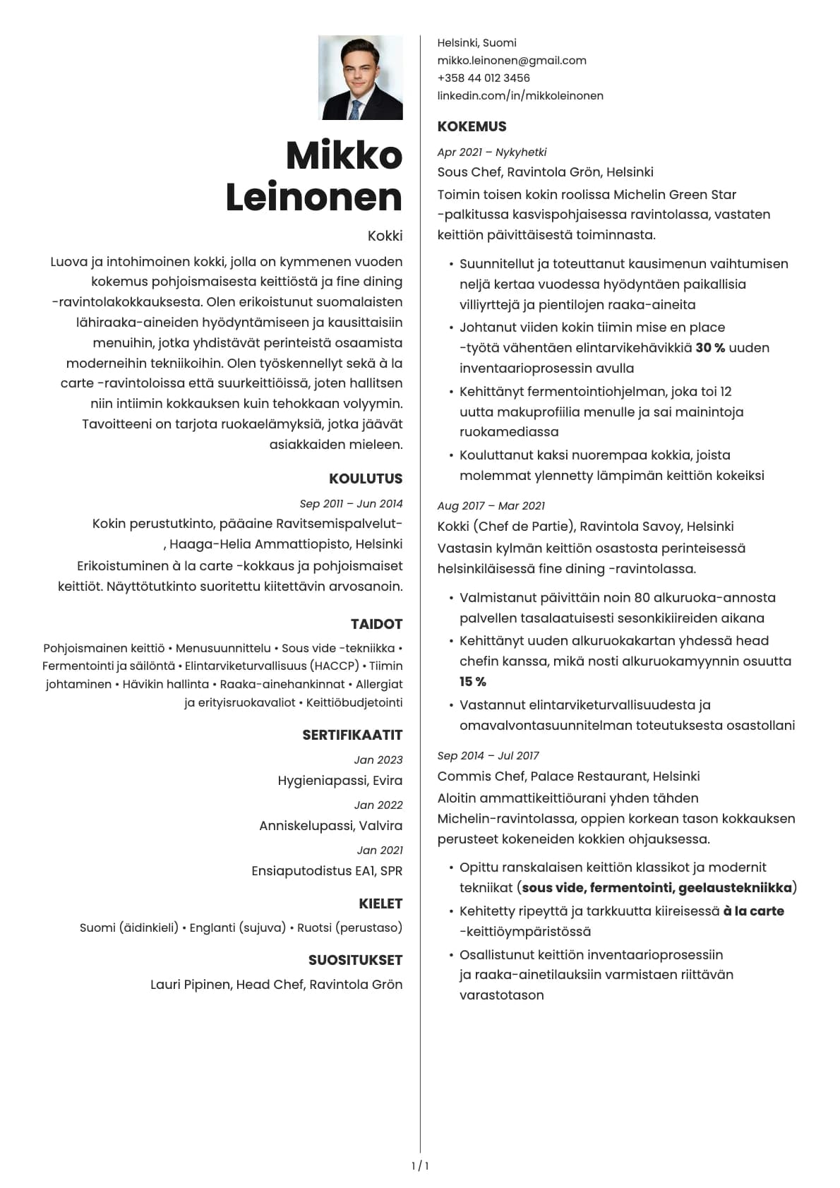 Kokki resume example