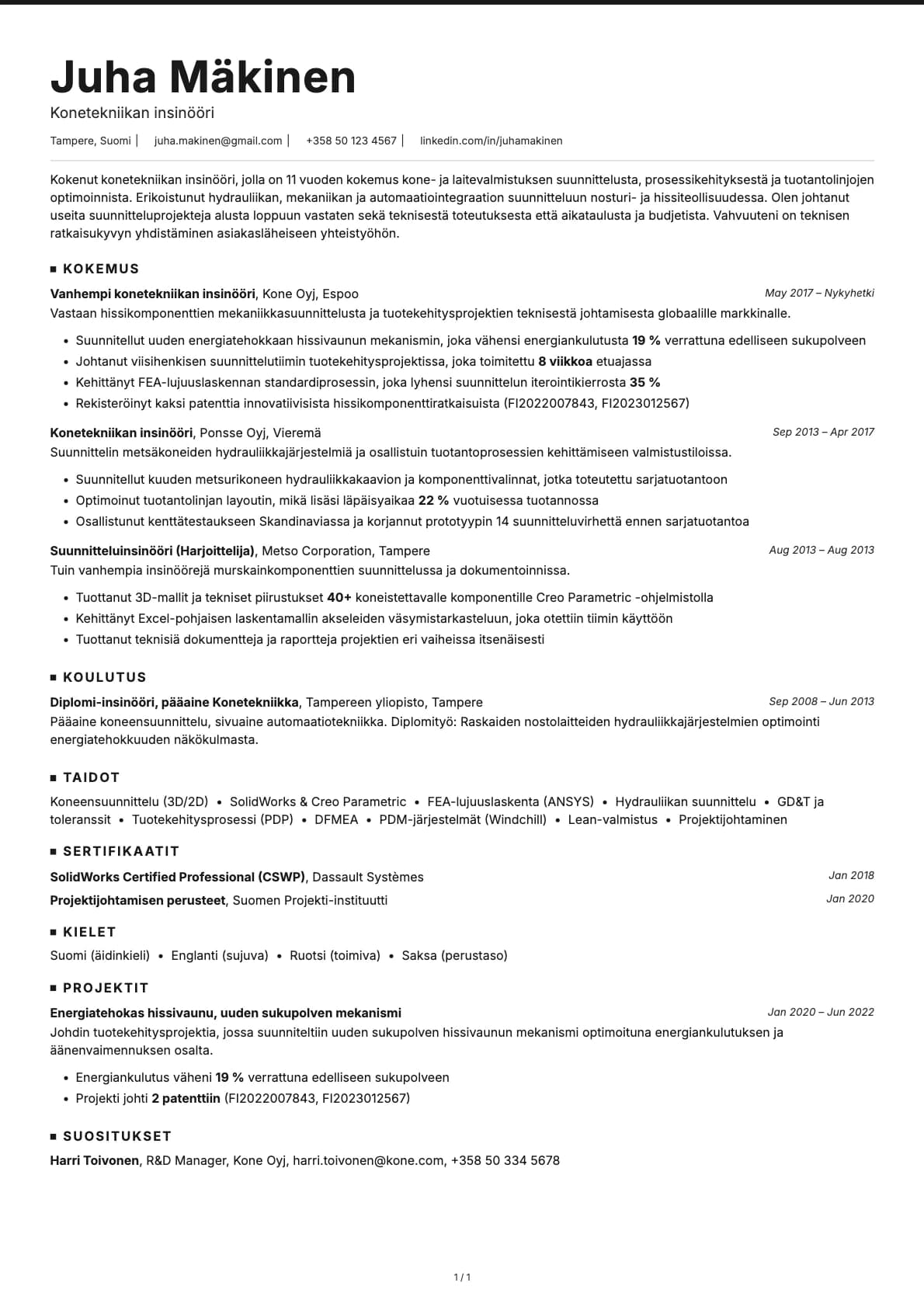 Konetekniikan insinööri resume example