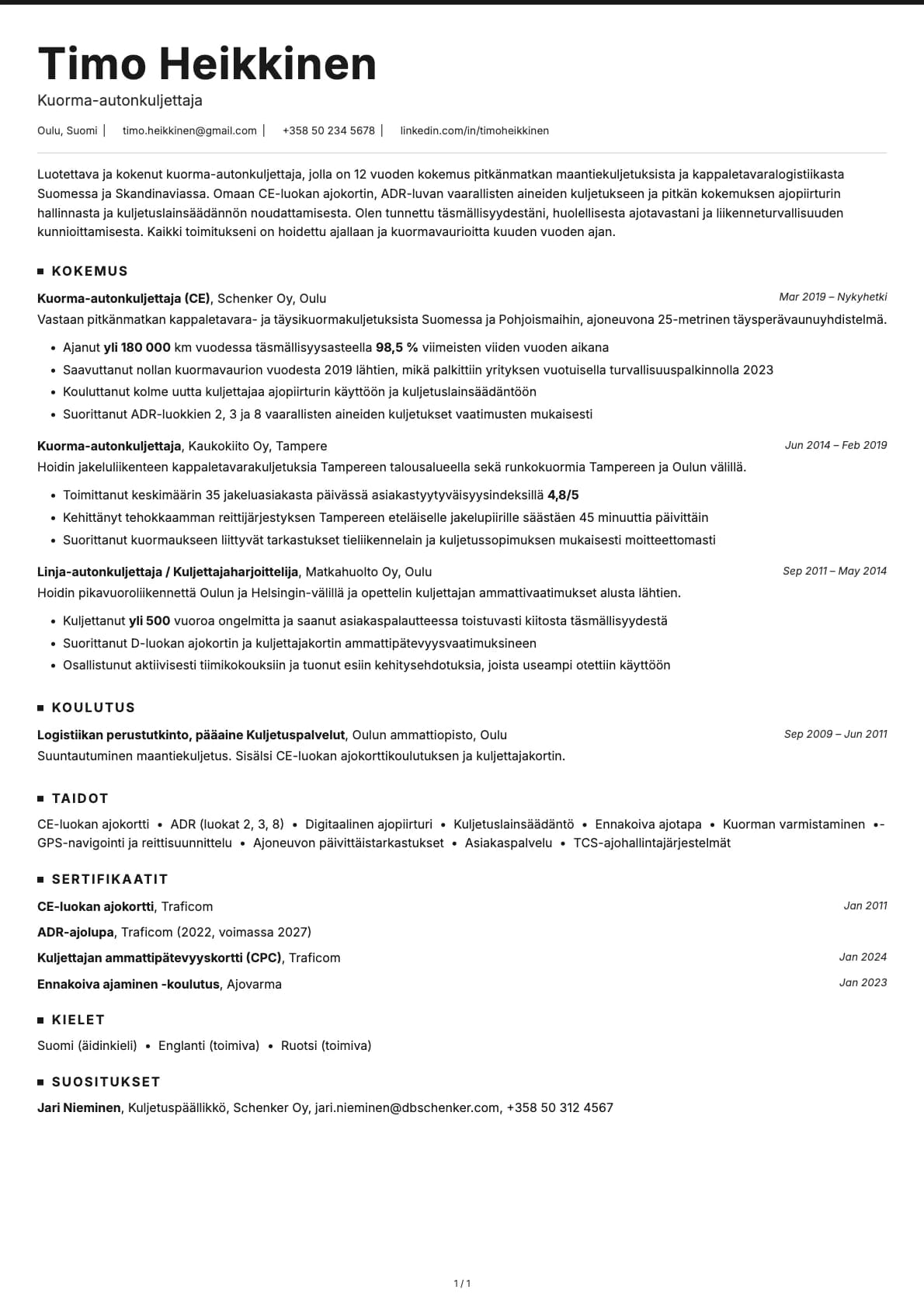 Kuorma-autonkuljettaja resume example