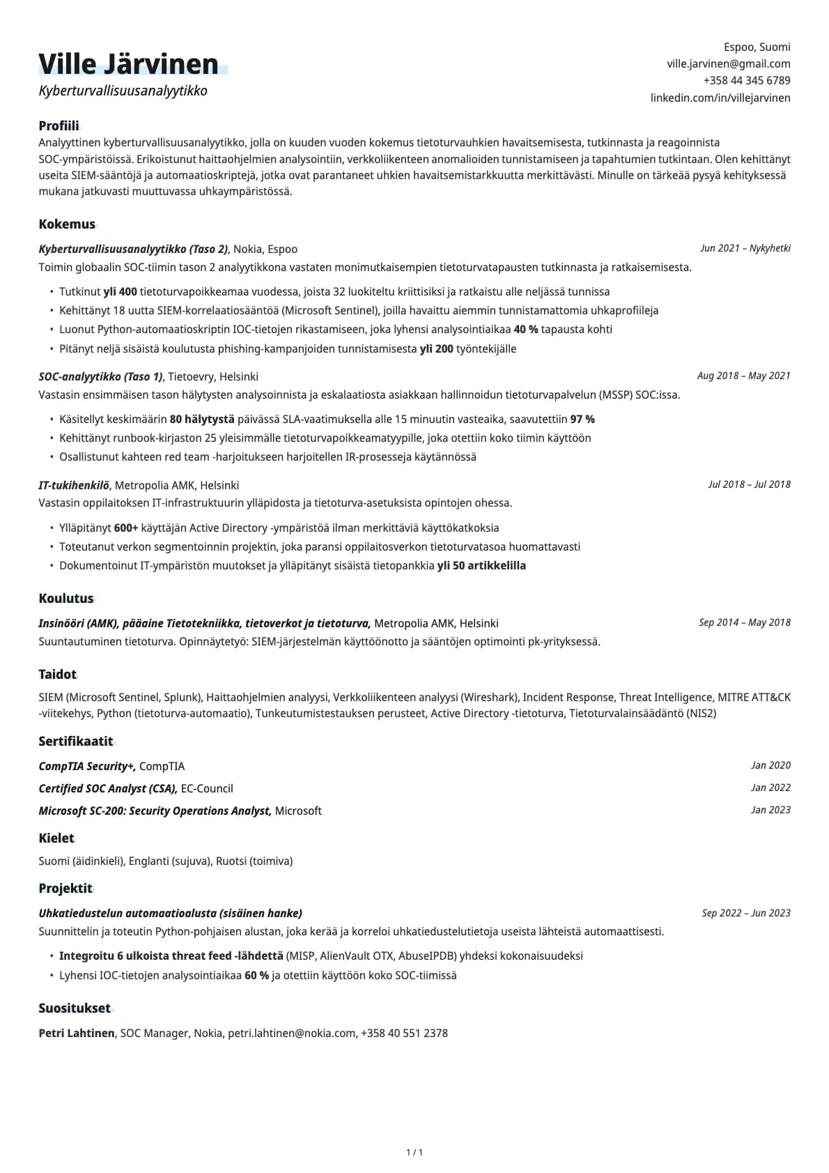 Kyberturvallisuusanalyytikko resume example
