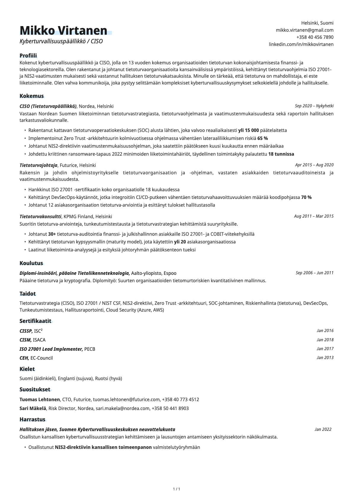 Kyberturvallisuuspäällikkö resume example
