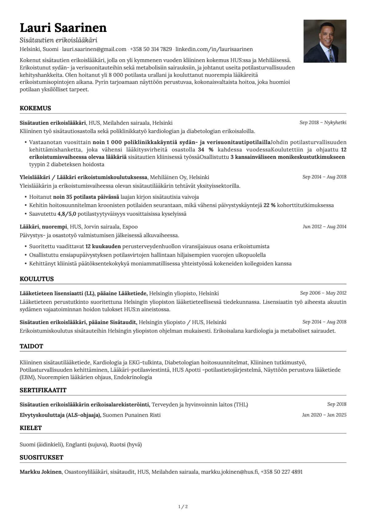 Lääkäri resume example