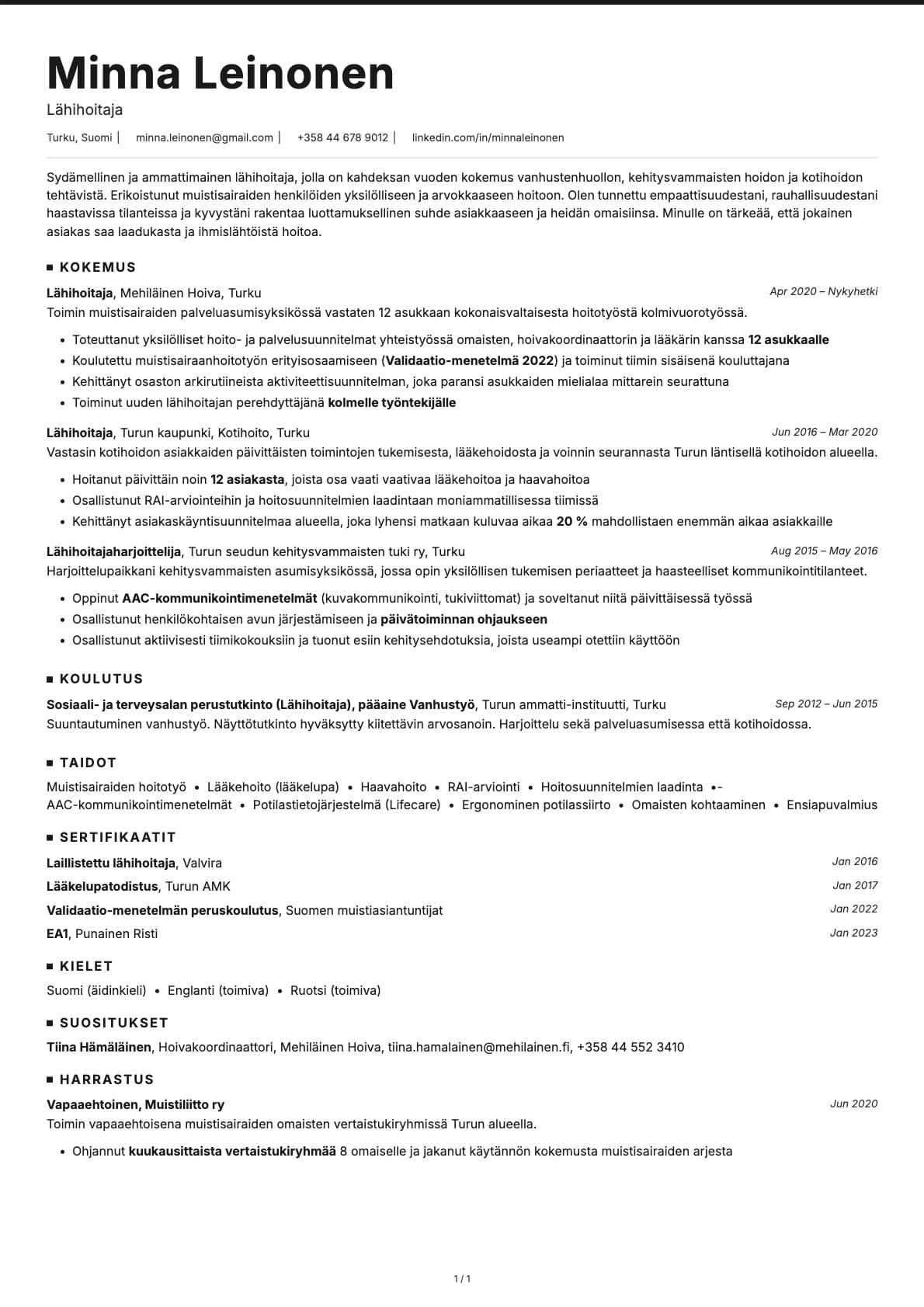 Lähihoitaja resume example