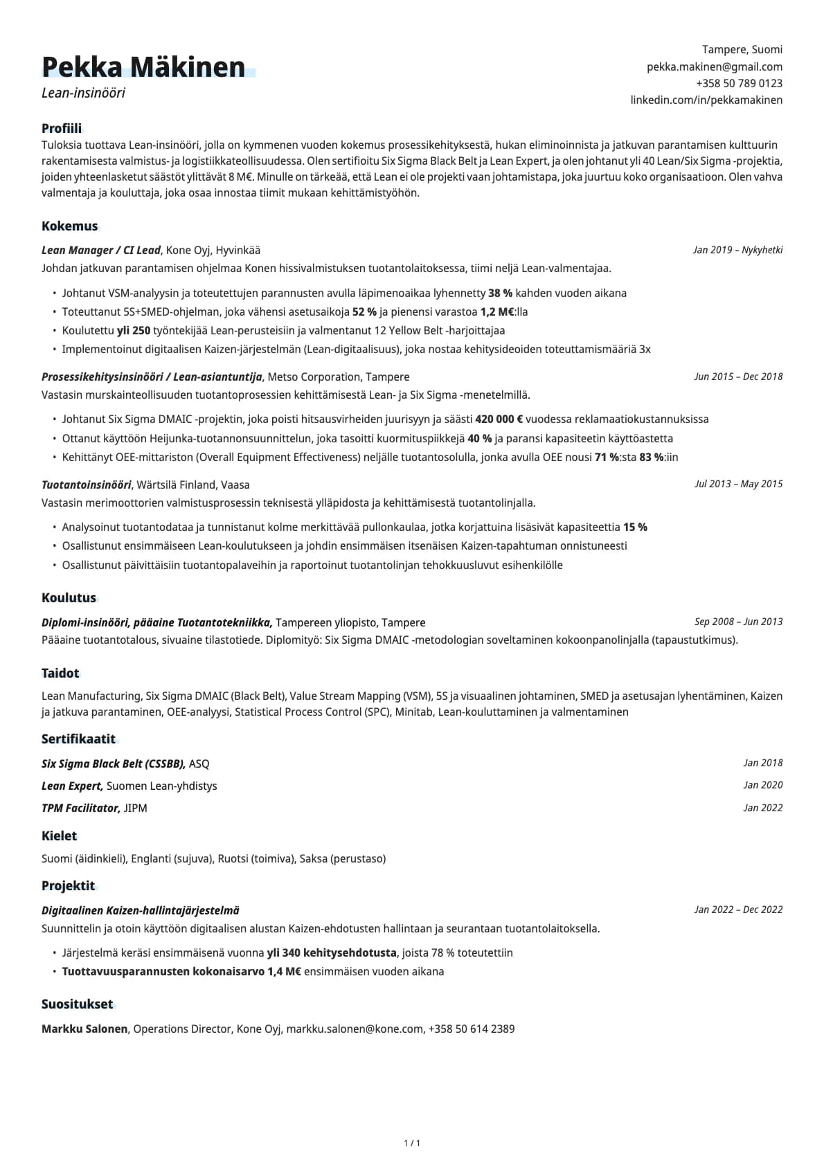 Lean-insinööri resume example