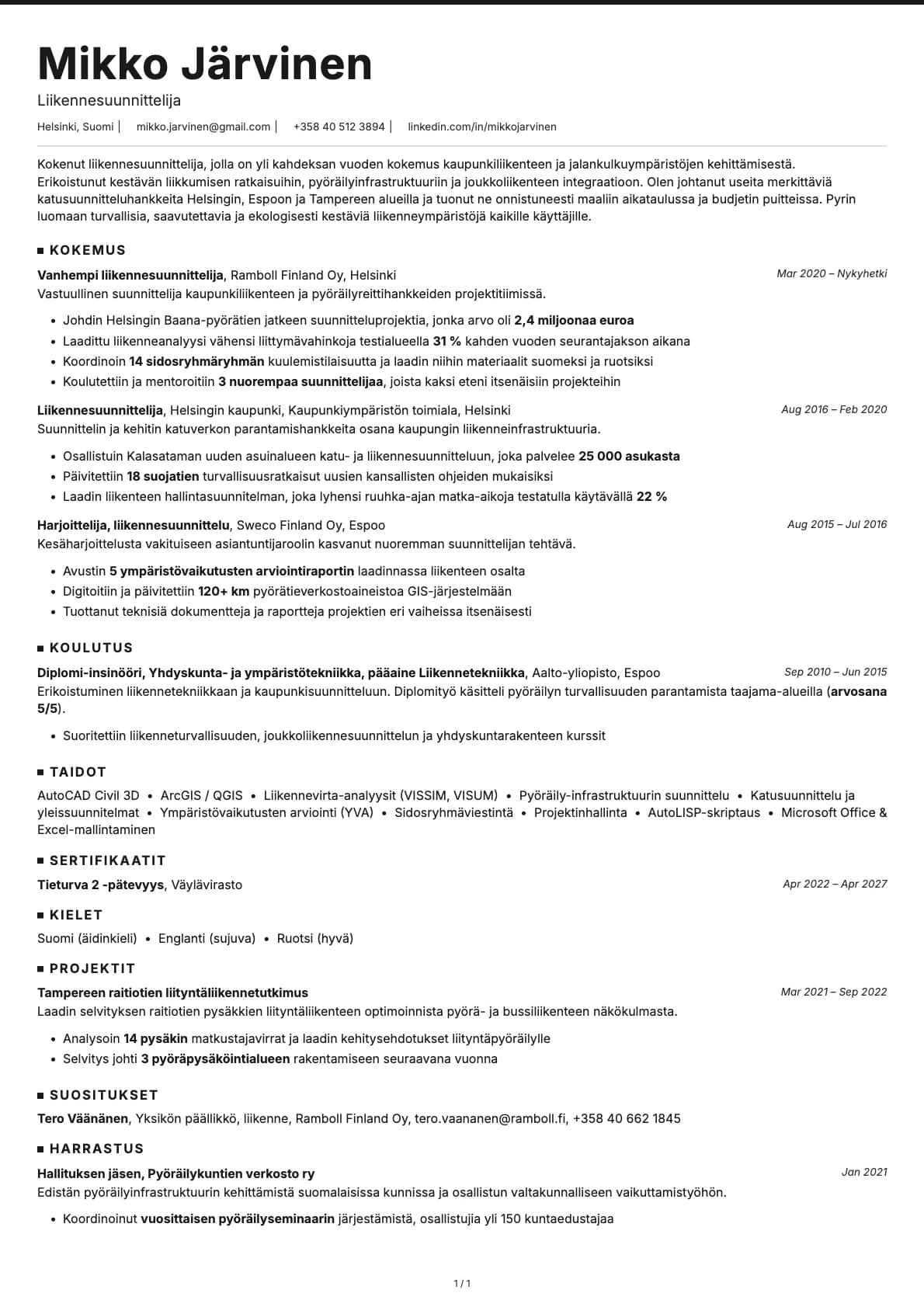 Liikennesuunnittelija resume example