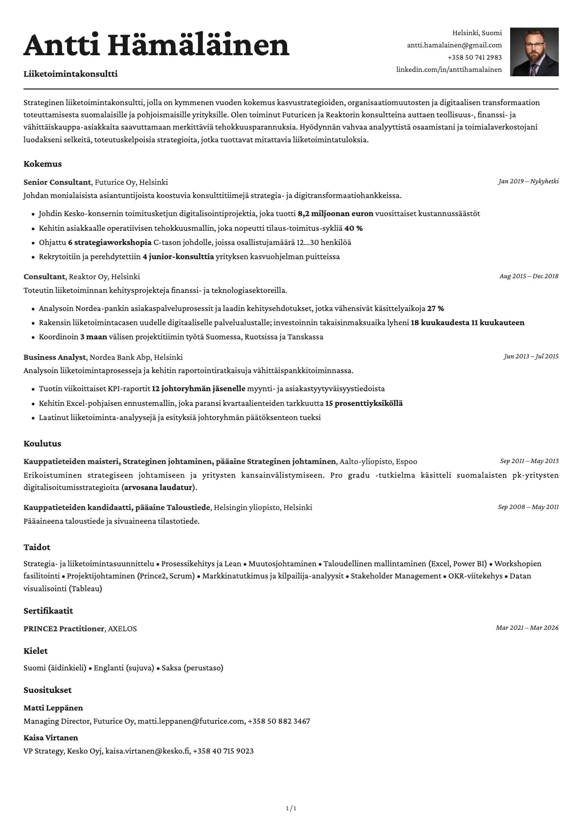 Liiketoimintakonsultti resume example