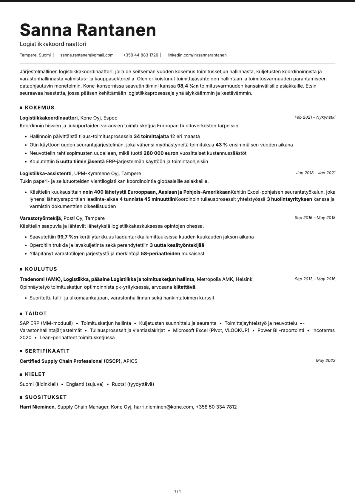 Logistiikkakoordinaattori resume example