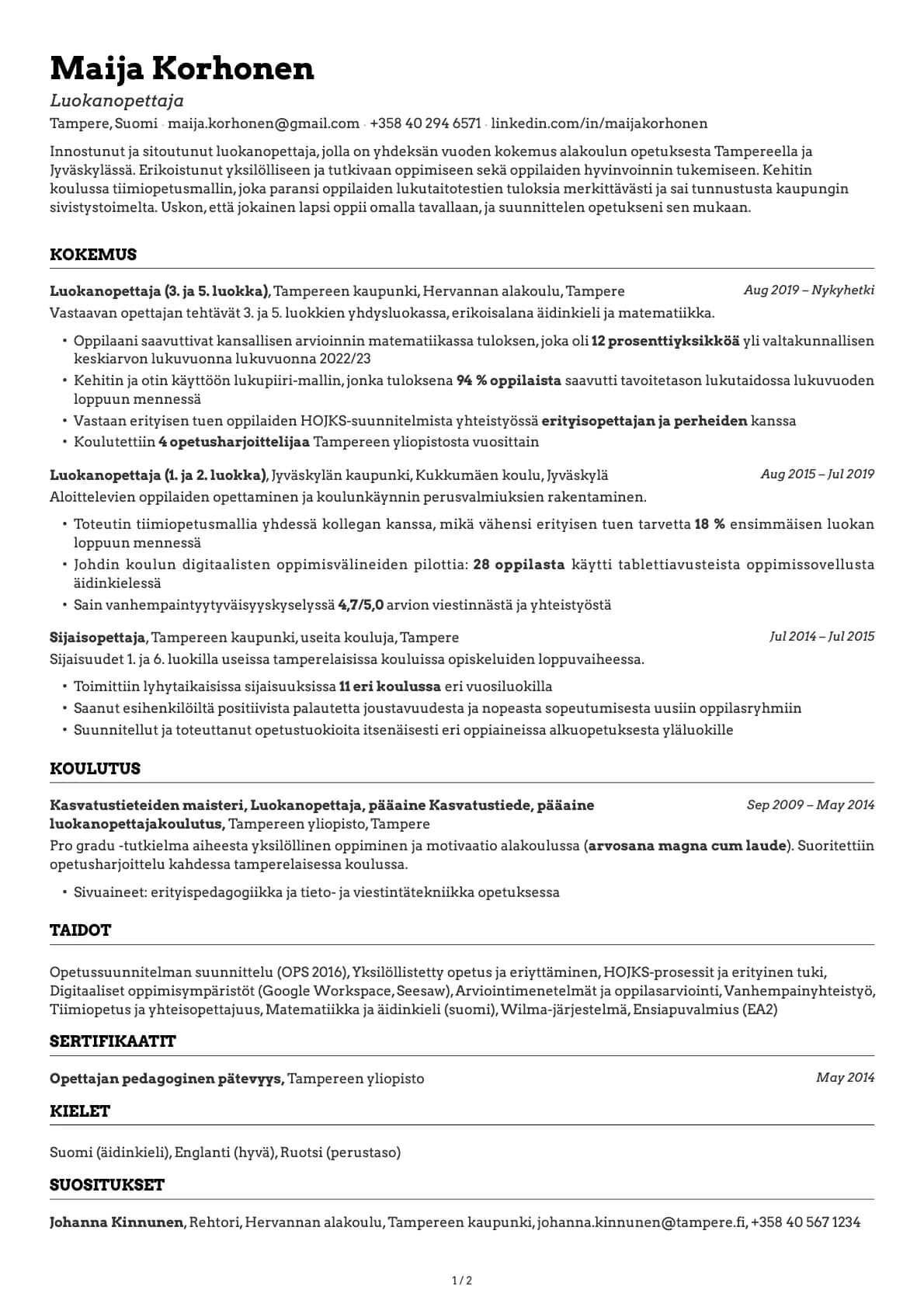 Luokanopettaja resume example