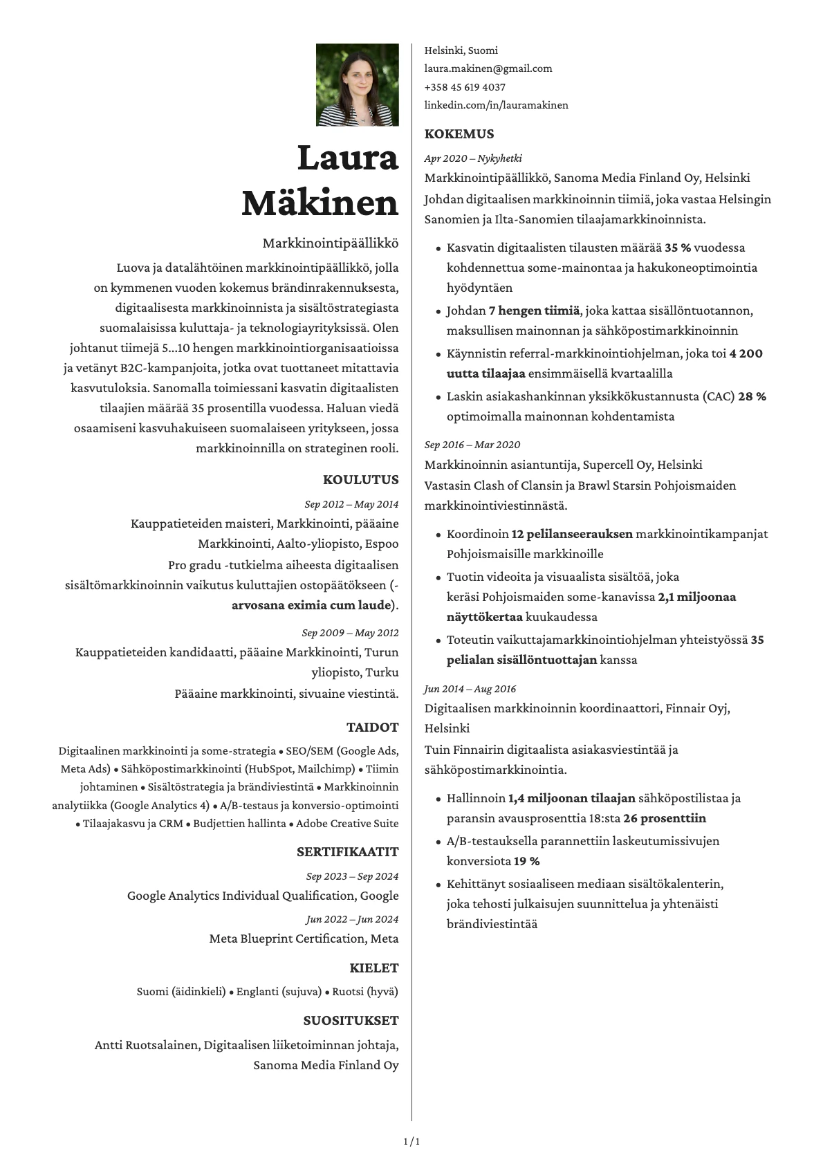 Markkinointipäällikkö resume example