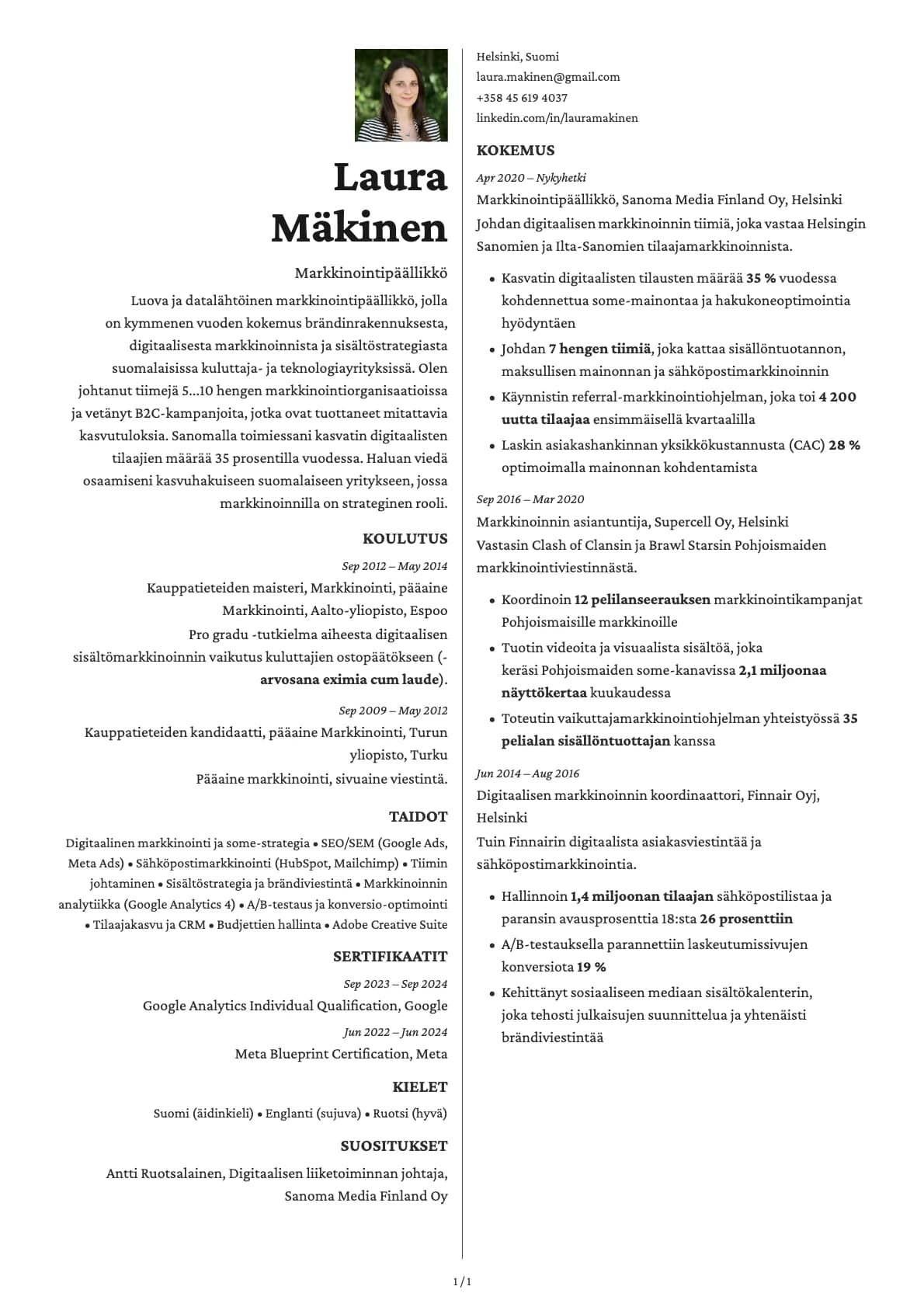 Markkinointipäällikkö resume example