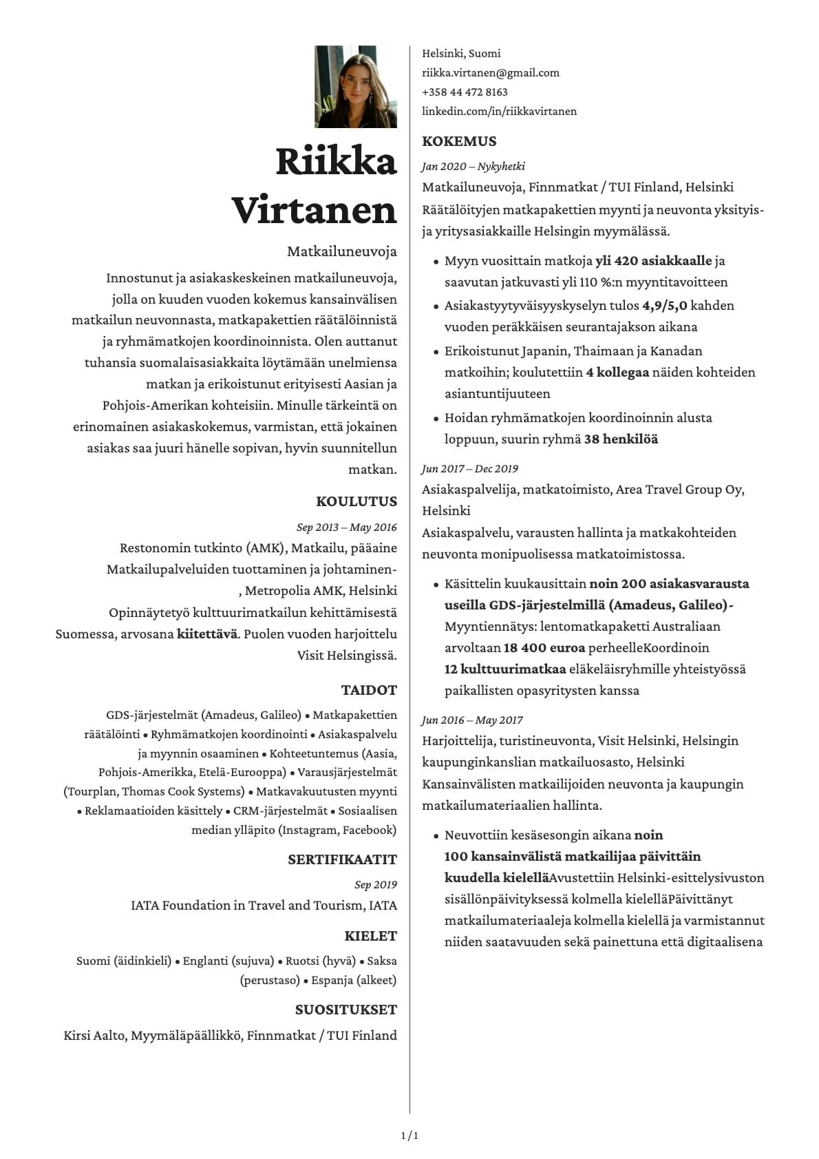 Matkailuneuvoja resume example