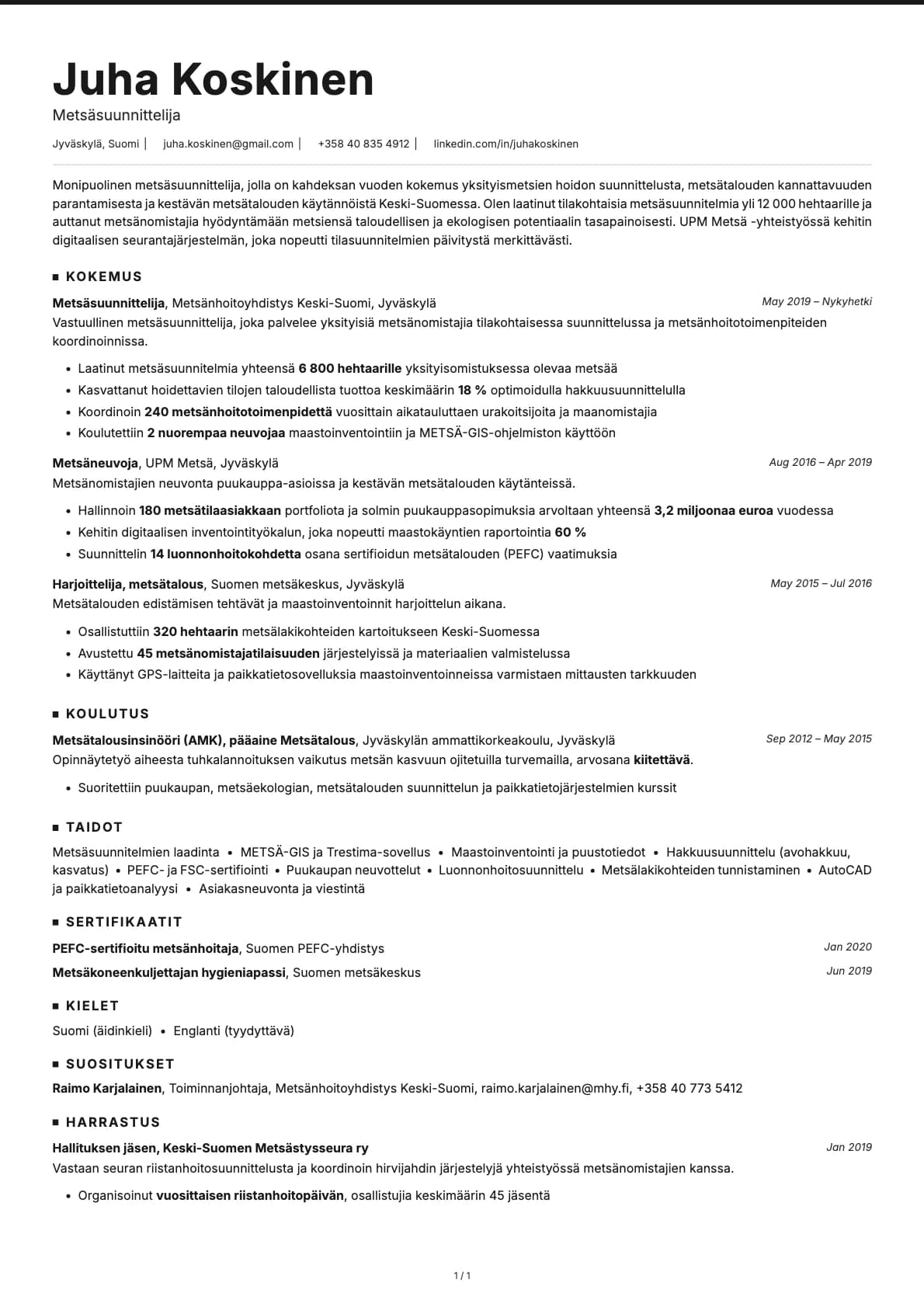 Metsäsuunnittelija resume example