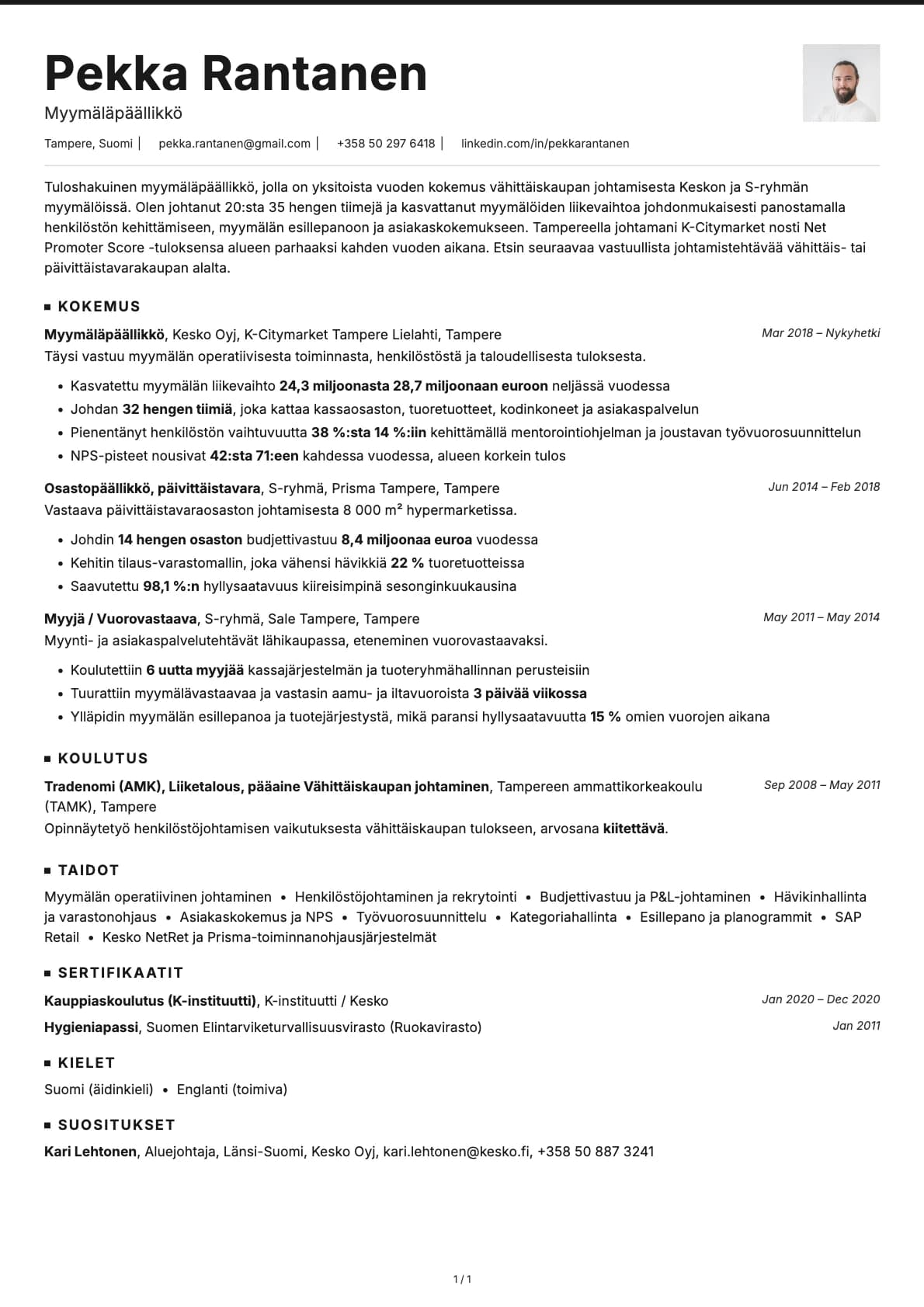 Myymäläpäällikkö resume example